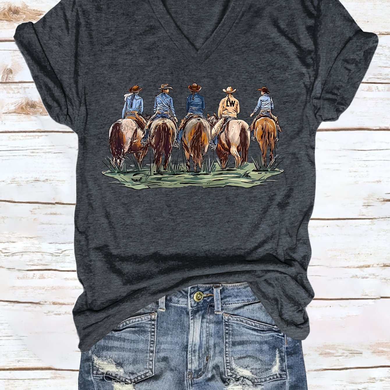 TEMU Women's Cowboy V-neck Short Sleeve T-shirt - Horse Racing & Theme Western Top, Casual Ranch Wear, Machine Washable Print Blouse For & Cowgirl