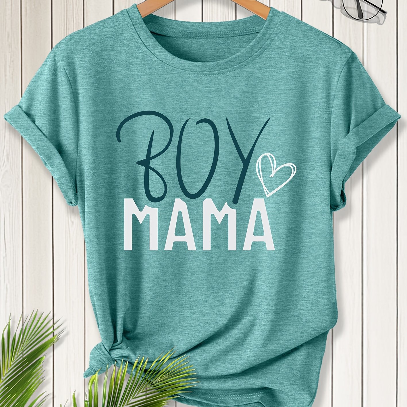 TEMU Mama Love Heart Print Short Sleeve Retro Round Neck T-shirt Warm Mommy And Style Loose Top 2026 Spring Summer Gentle Party Fashion Versatile
