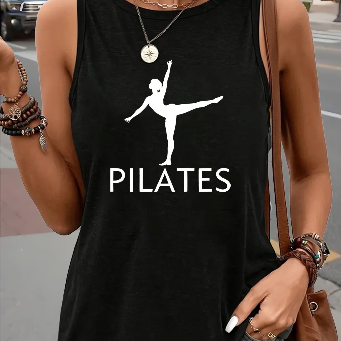 TEMU 1pc | Casual Elegant | Women's Round Neck Sleeveless Tank Top, Pilates Print Pattern, Comfortable Breathable Machine-washable Fabric, Essential
