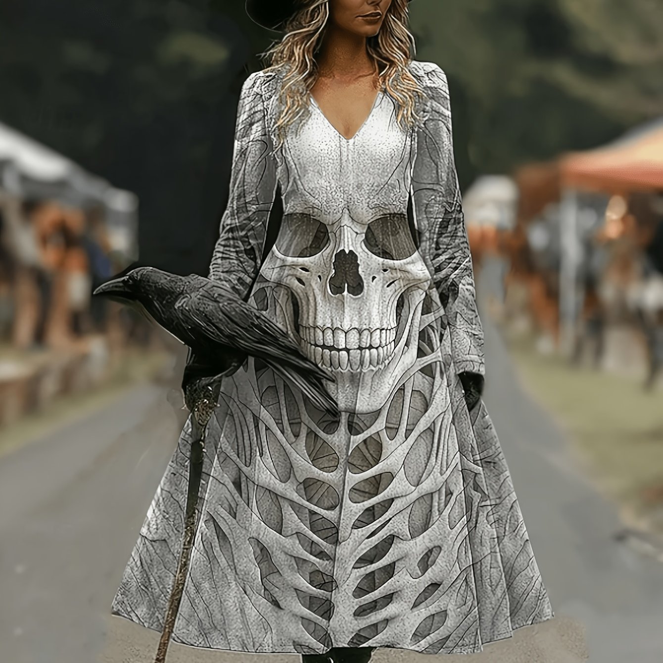 TEMU Women's Gothic Elegant Skull Print A-line Midi Dress - Long Sleeve Full-length Suitable For Halloween Costumes, Themed Parties & Daily Wear,