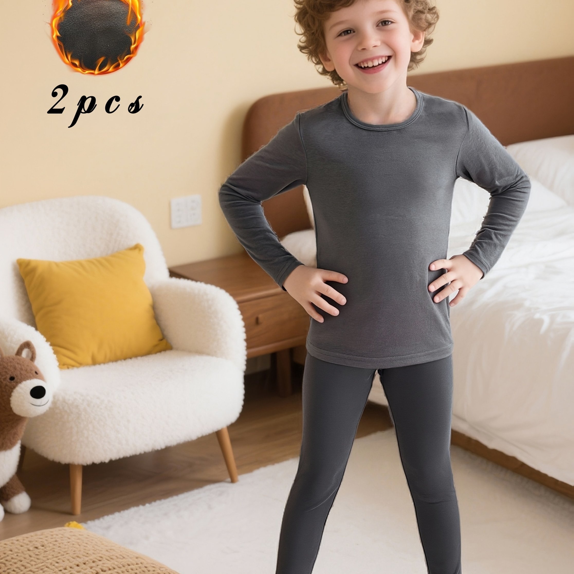 Children's 2-piece Set: German Velvet Base Layer Top In Gray, Simple Solid Color Long Sleeve T-shirt And Solid Color Long Pants, Suitable For Spring/autumn/winter