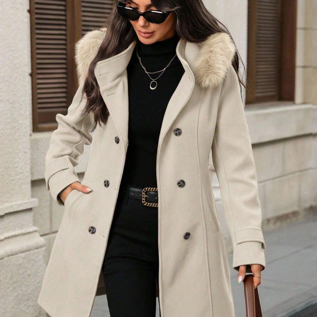 TEMU Women's Elegant Double-breasted Long Coat, Trim Slim Commuter Trench Coat Z229