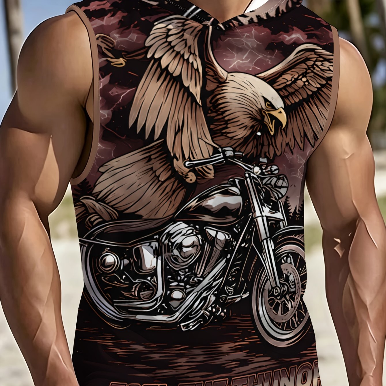 TEMU Men's Hooded Sleeveless Sports Vest With Eagle And Motorcycle Print, Fashion Suitable For Fitness And Daily Wear, Breathable Comfortable Design,