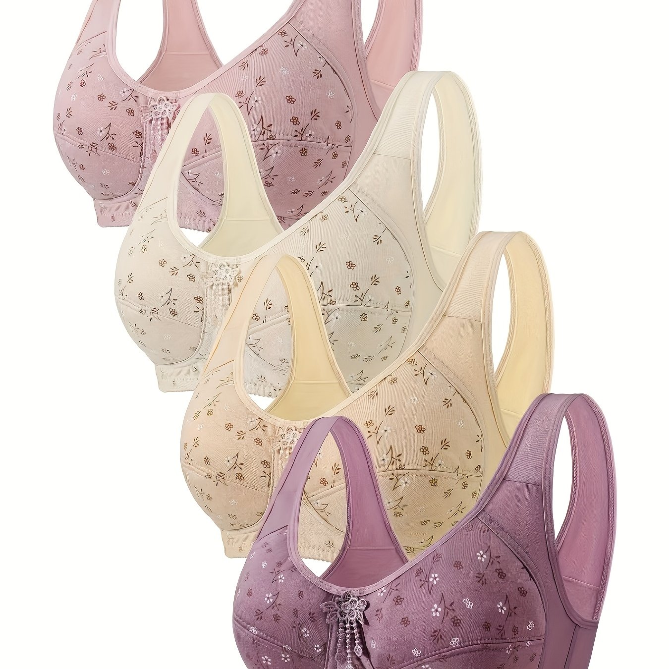 4-piece Set Of Thin Wire-free Printed Push-up Bras, Comfortable And Breathable Anti-sagging Underwear With Back-defining Design
