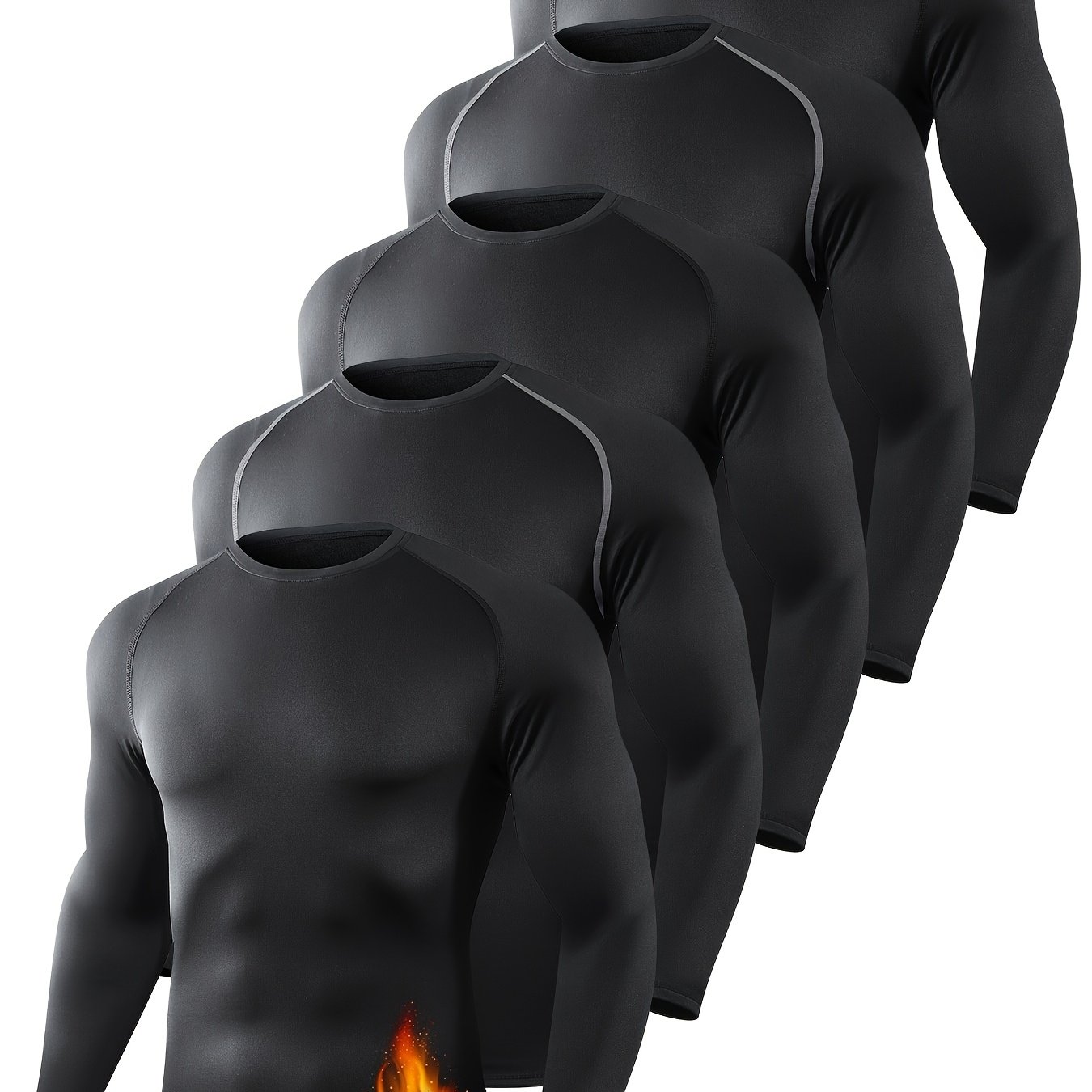 TEMU 5pcs Men's Thermal Compression Shirts With - Cold Weather Multi- Base Layer, Long Sleeve Workout Tops For,, Training | Machine Washable, Non,