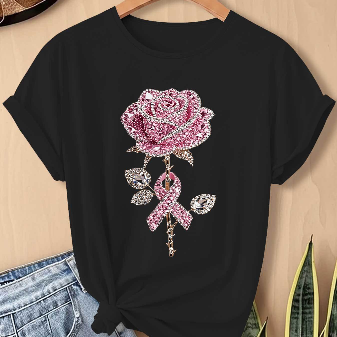 TEMU Embroidered Style Pink Rose And Ribbon Combination Pattern, Beautiful Women's Elegant Party Casual Sport Loose Gift Machine Washable Elastic