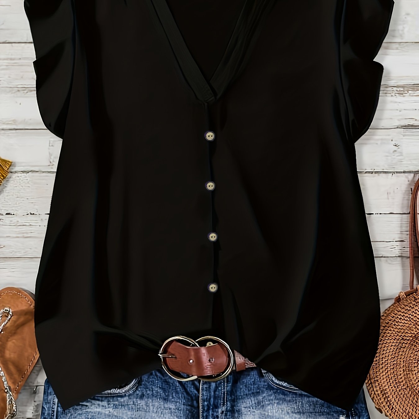 E-shop Plus Size - Plus Size - Plus Size Damen Neue Elegante Einfarbige V-Ausschnitt Kurzarm Bluse, Bequem, Nicht-Stretch Stoff, (Passform Kleiner,