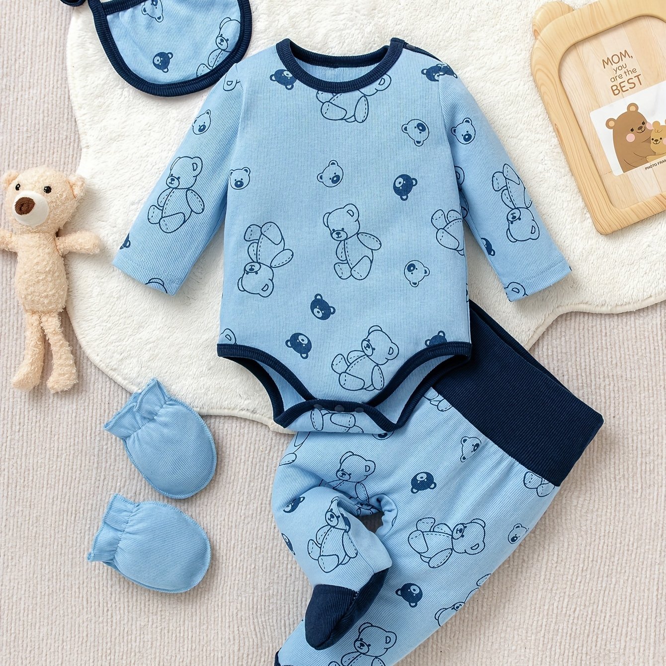 Newborn Baby Boy Bear Print Long Sleeve Romper & Footed Pants & Bib & Socks Set, Perfect For Outdoor