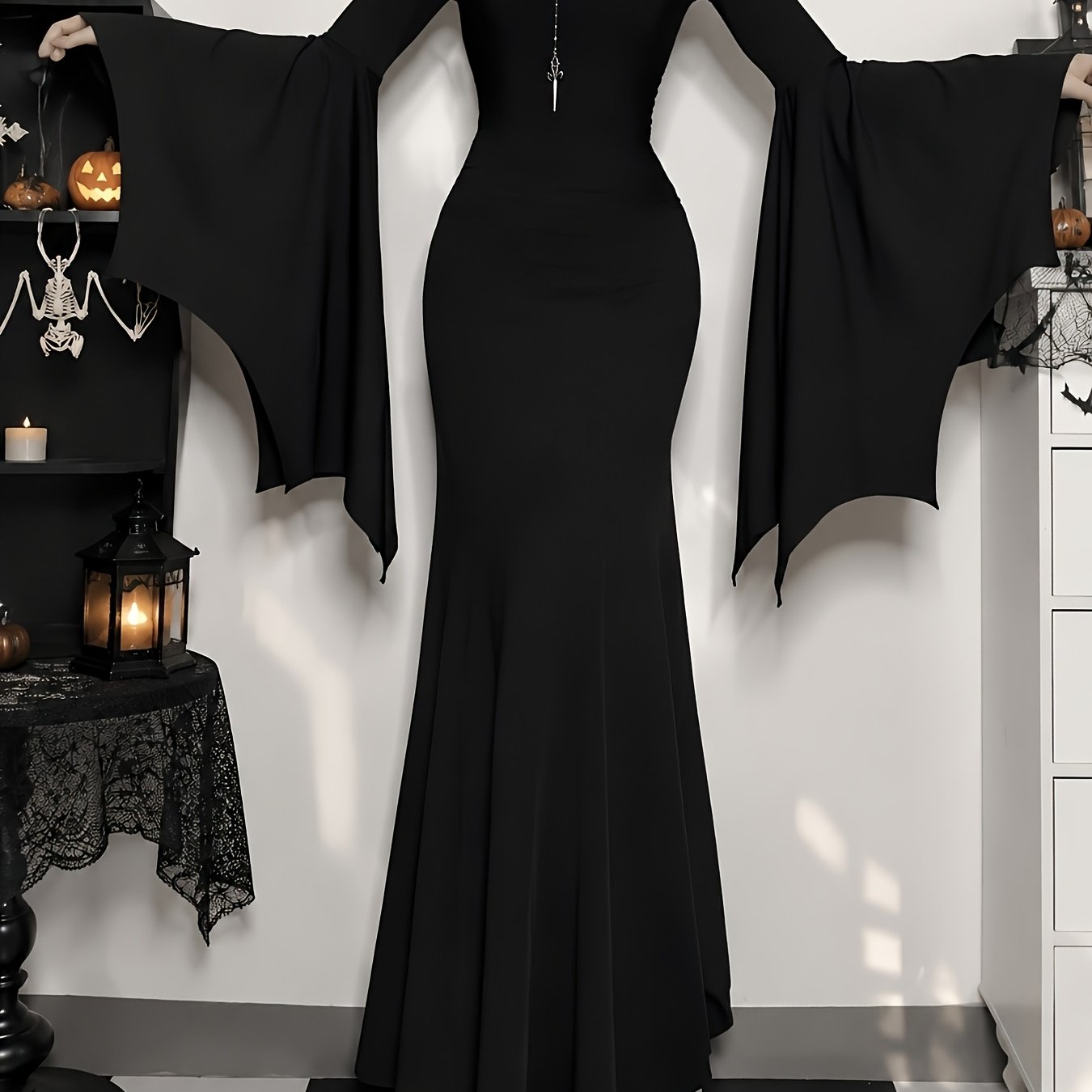 TEMU Gothic Style Spicy Temperament Slim-fit Batwing Sleeve A-line Skirt Dress - Halloween