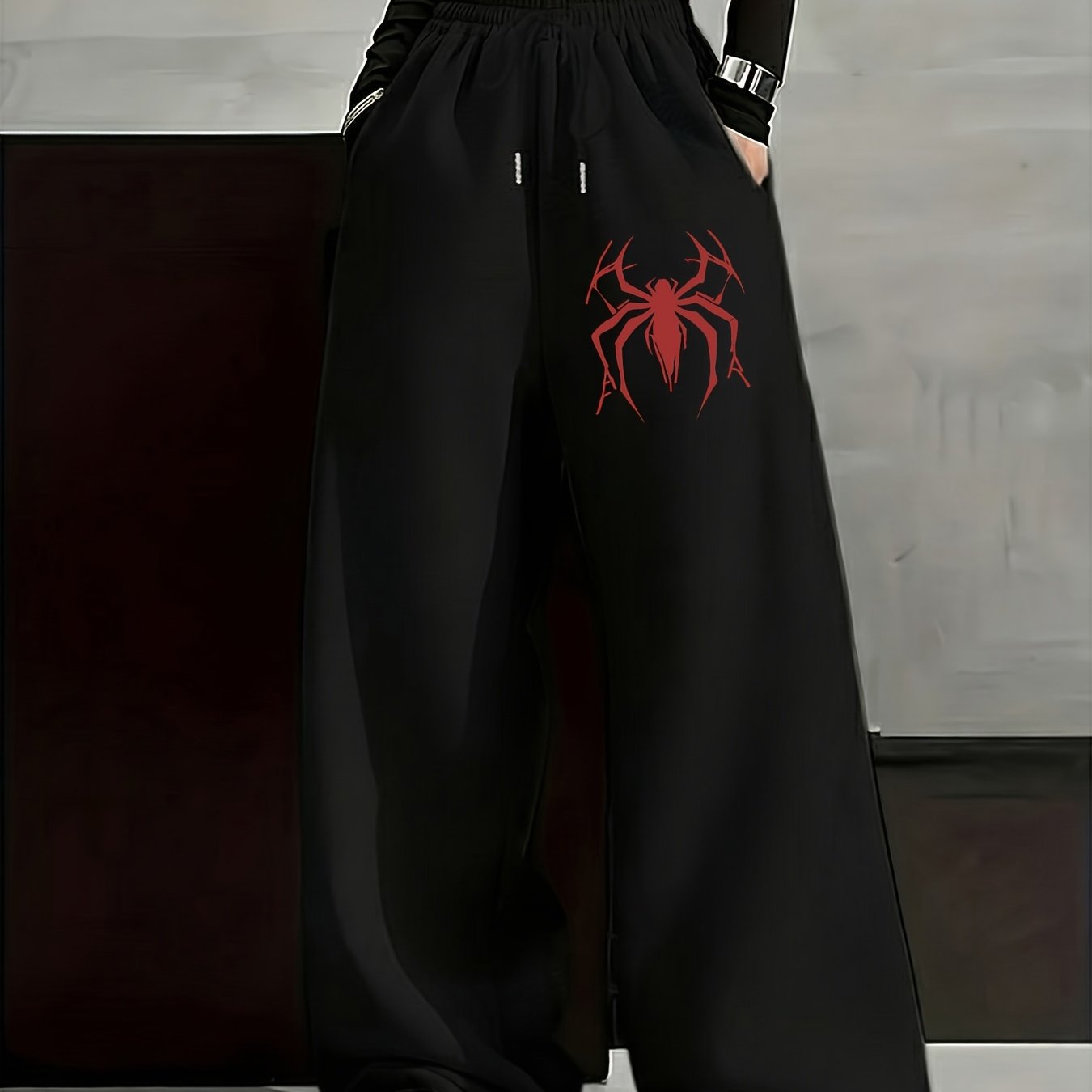 TEMU Casual Straight-leg Pants With -style Red Spider Pattern Print, Featuring An Elastic Waistband And Drawstring, Wide-leg Design For Women,