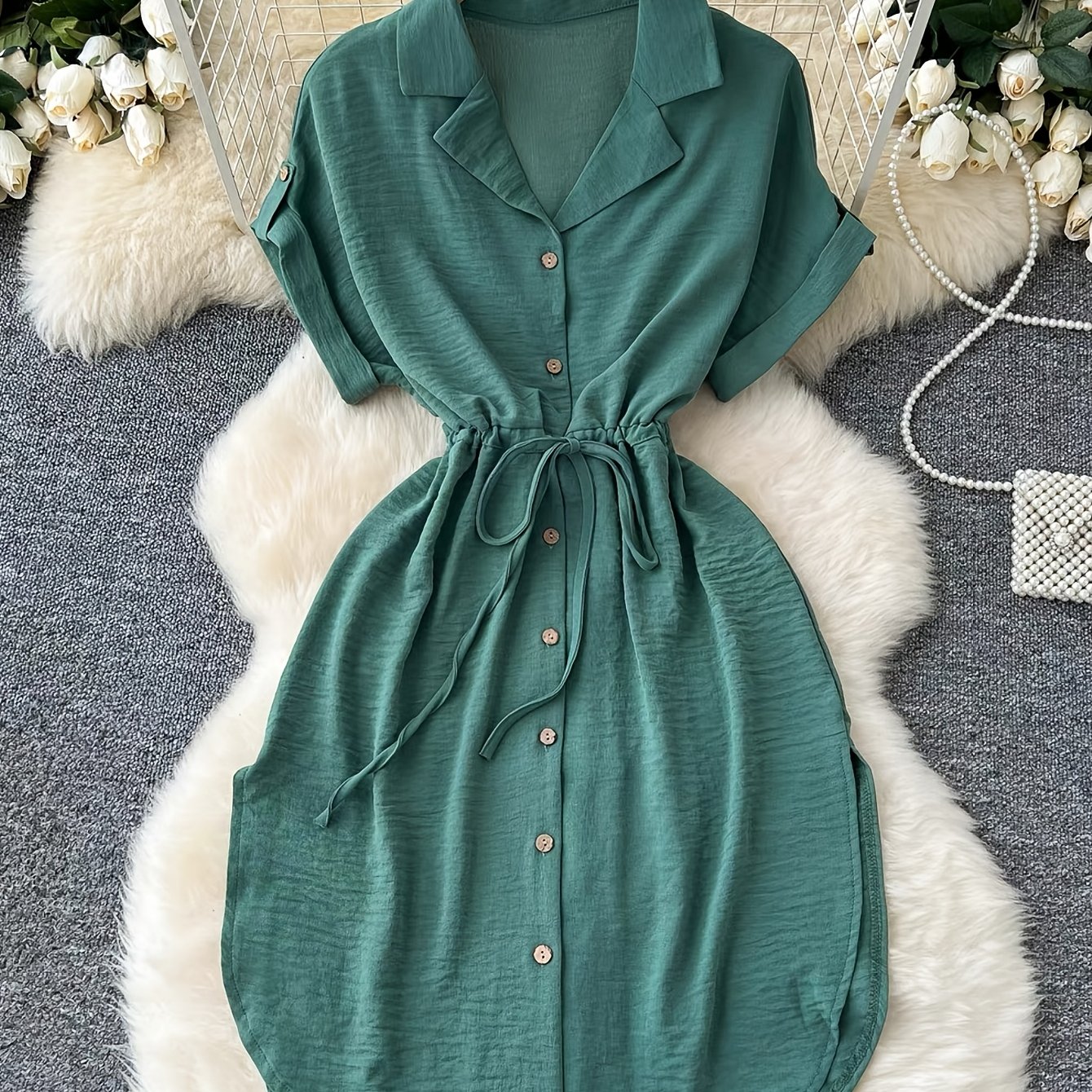 TEMU Women's Short Sleeve Shirt Dress With Collar & Split Hem - Adjustable Drawstring Waist Suit Dress, Short Length For Blouses, Machine Washable