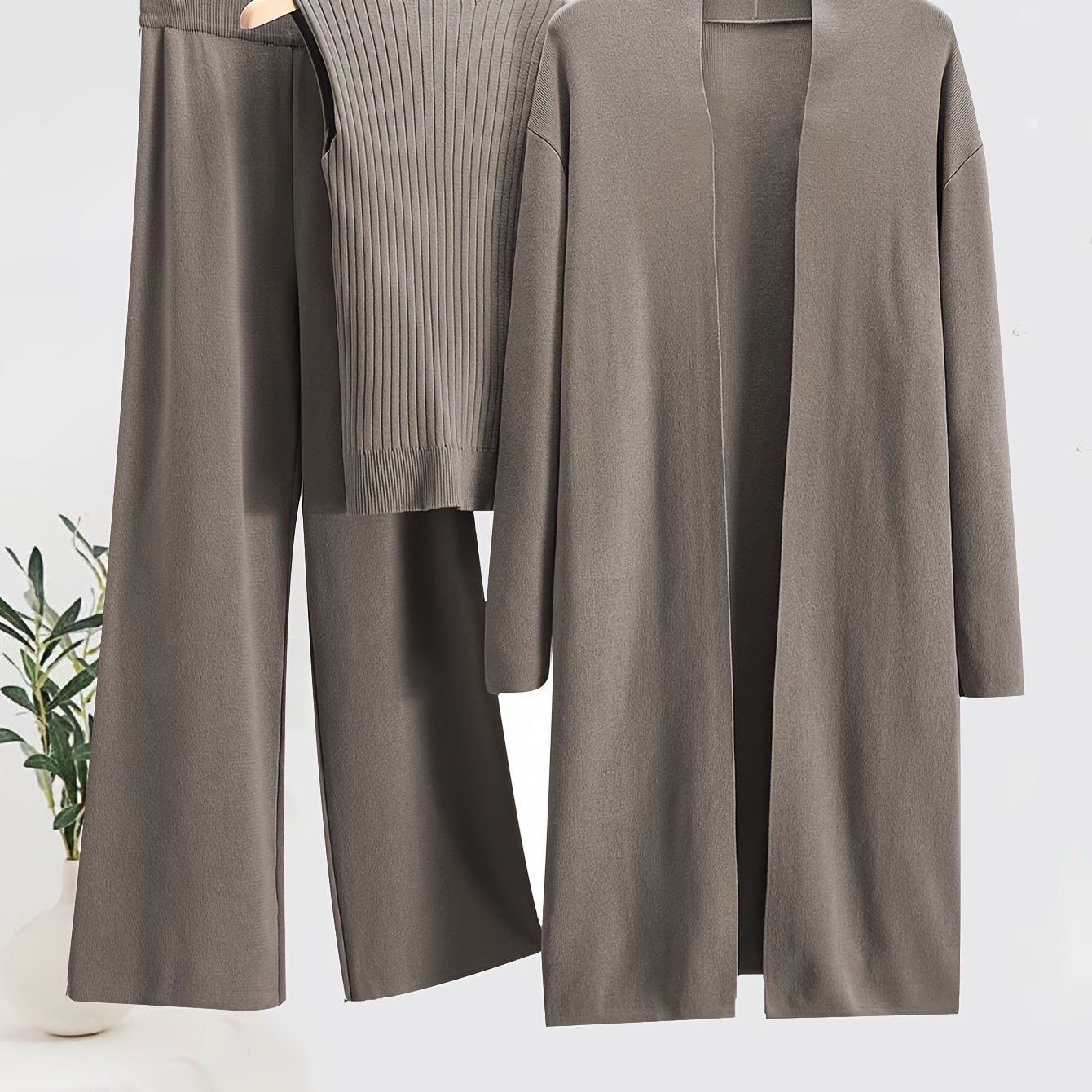 TEMU New Style 3pcs Womens Elegant Sets, Loose 's Long Wide-leg Pants, Shawl Cardigan And Turtleneck Sweater, For Spring/fall, Commute And Holiday