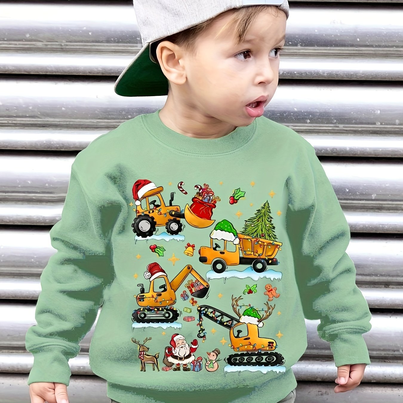 Boys' Autumn/ Sweatshirt With Christmas Elements, Featuring Cute Loose-fit Long-sleeve Pullover With Christmas Car And Excavator Prints