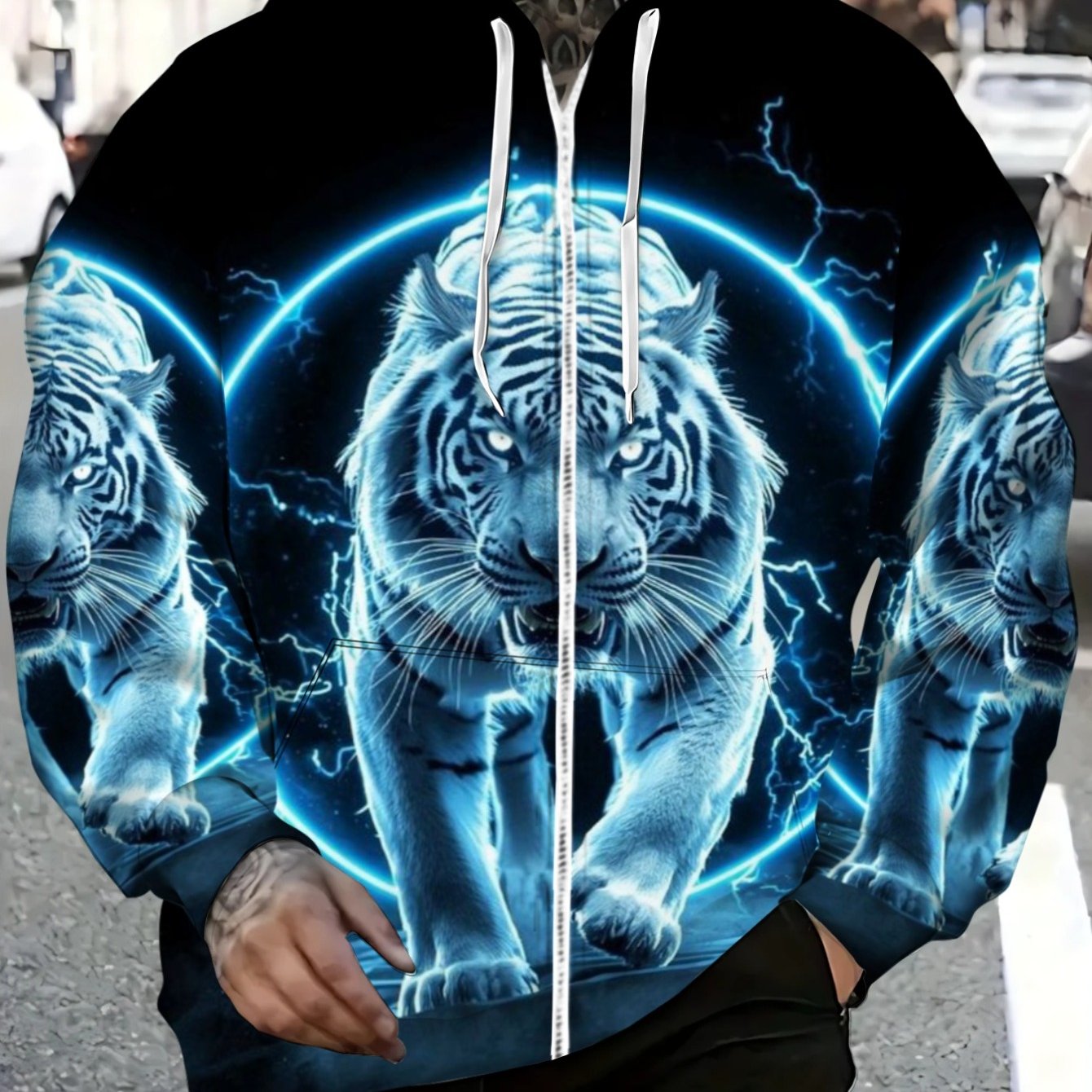 TEMU [printed Design - Not Textured] Mens Polyesterelectric Graphic Hoodie For Casual Wear, Street Style, Lightweight And , Ideal For Outdoor