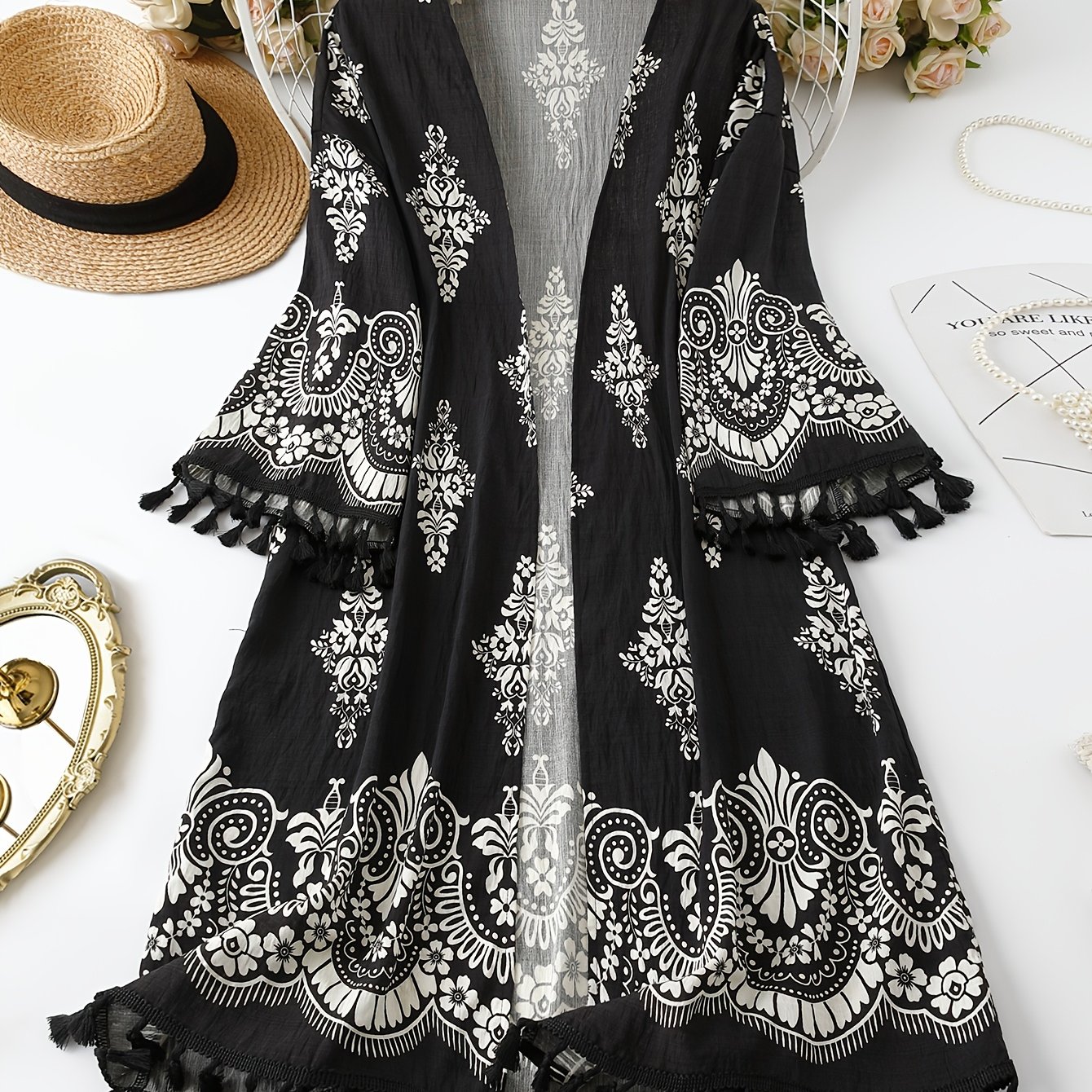 TEMU Plus Size, Fashionable Printed Tassel -size Women's Printed Cardigan Top, New Summer Plus-size Women's Clothing, Plus-size Women's Cardigan Top