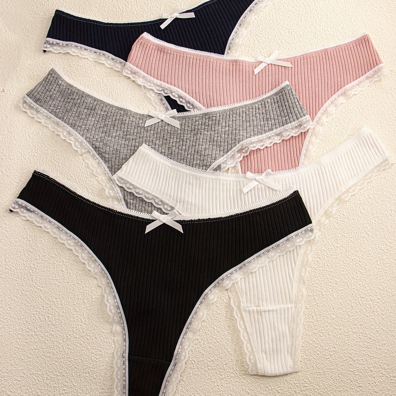 5pcs Of Women's Multicolored Ribbed Cute Bow Sexy Lace Trim Thong Underwear