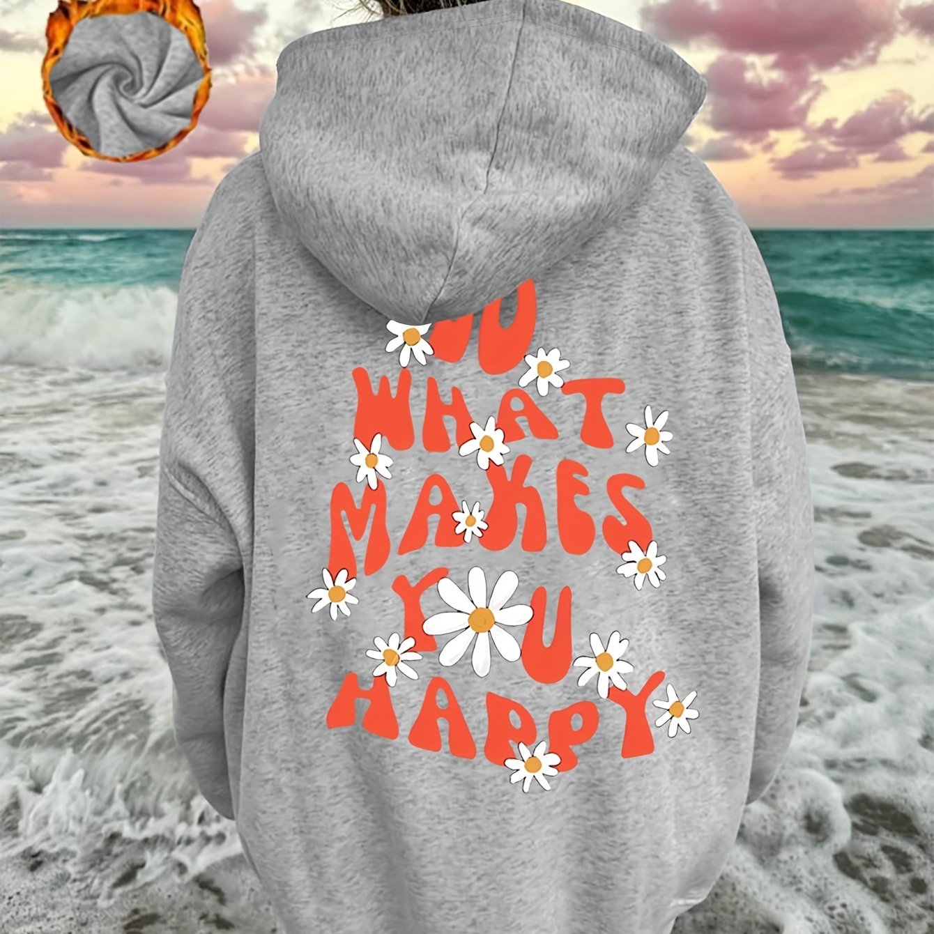 TEMU Plus Size, Flower Alphabet Sloganprint Hoodie, Drawstring Casual Hooded Sweatshirt For Winter & Fall, Women's Clothing