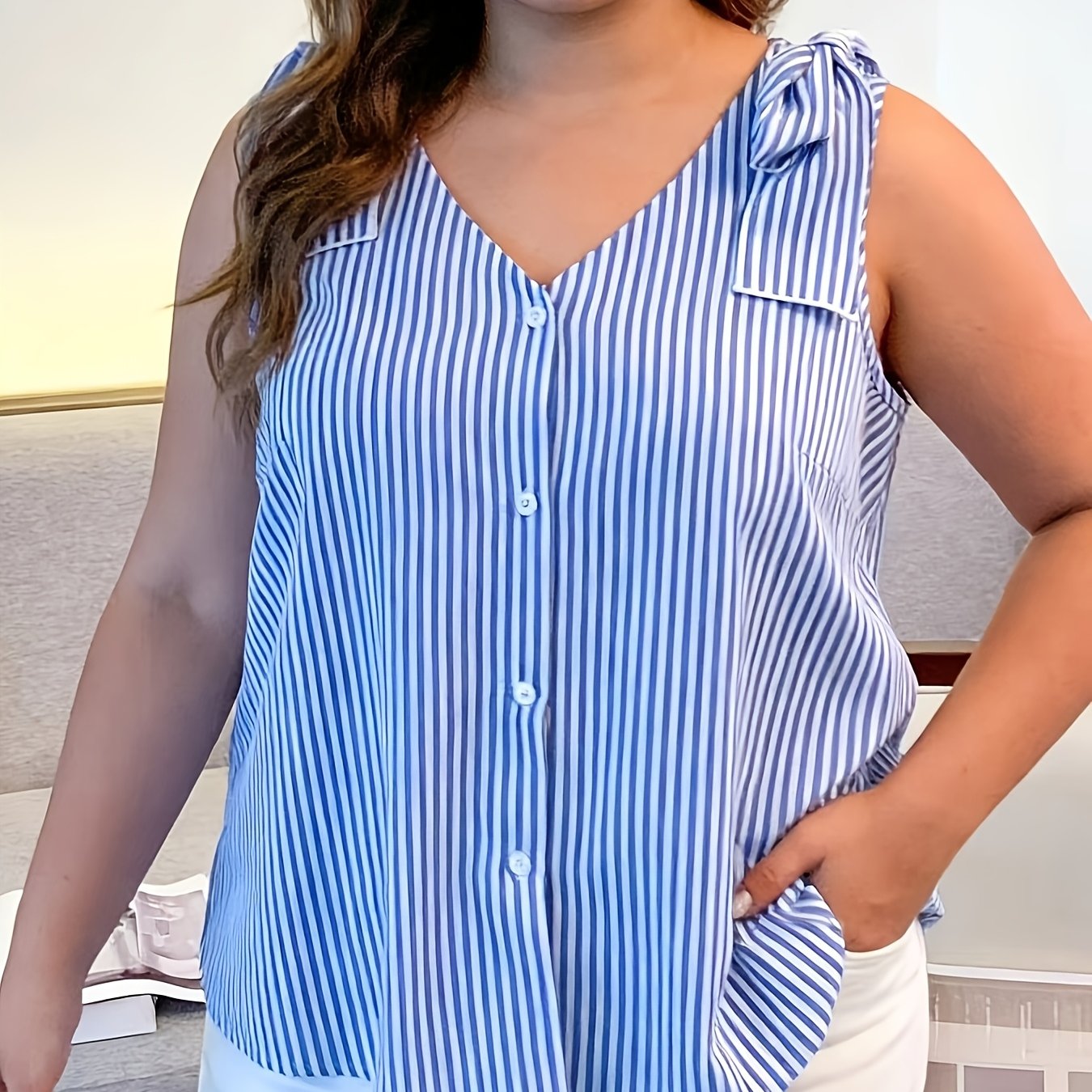 TEMU Plus Size, Plus-size Women's Striped V-neck Button-up Sleeveless Vest, Elegant And Stylish Casual Shirt Top, Suitable For Spring And Summer Wear