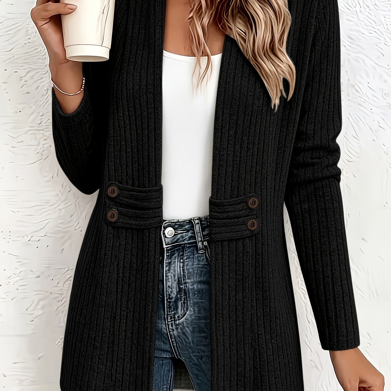TEMU Cardigan da donna casual a maniche lunghe con abbottonatura e cintura decorativa a , giacca versatile a lunghezza in stile rilassato, perfetta