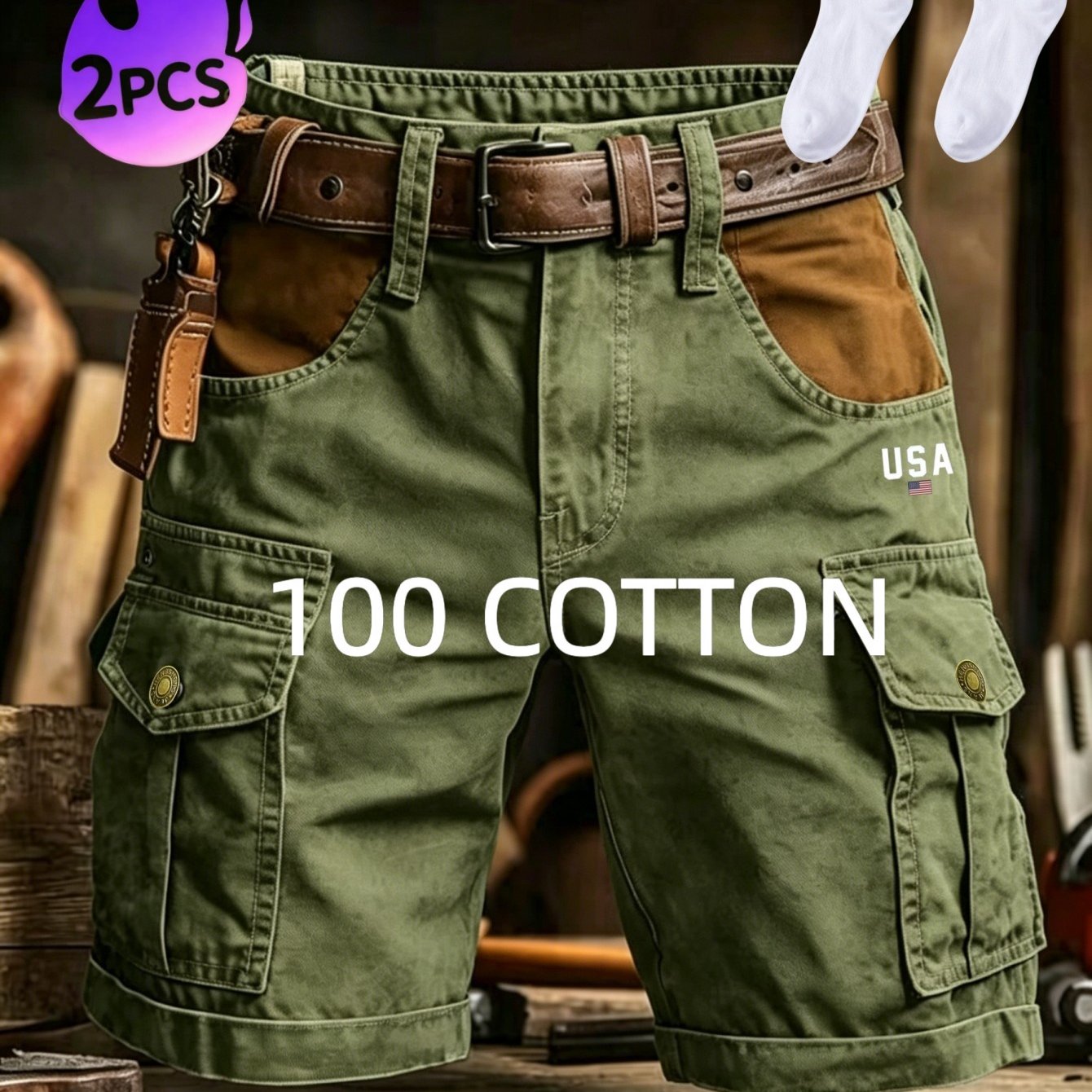 Trendy Washed Pure Utility Shorts Men 2pcs Bundle Belt Loop Matching White Ankle Socks
