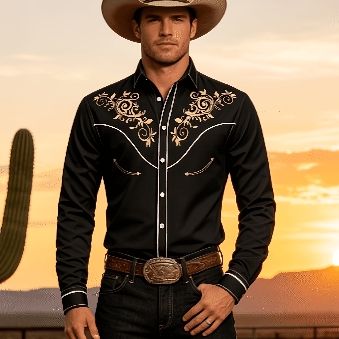 TEMU Men's Long Sleeve Western Cowboy Shirt, Comfortable Polyester Fabric, Machine Washable