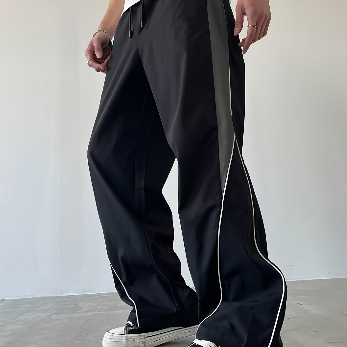 TEMU Trousers For Men High Quality | 1pc Men's Wide-leg Straight-leg Pants With Elastic Drawstring Waist - -block Casual Trousers, Straight-cut For
