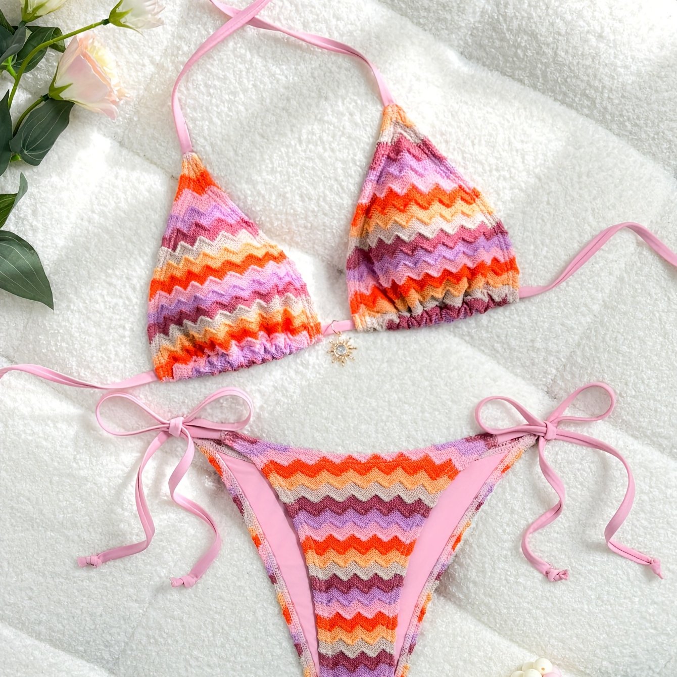Image of Women's Vibrant Red Floral Geometric Print 2pcs Swimsuit With Drawstring Detail - High Stretch, Geometric Pattern, Beachwear, Summer Swimsuit | Floral Print Swimsuit | Elastic Fabric