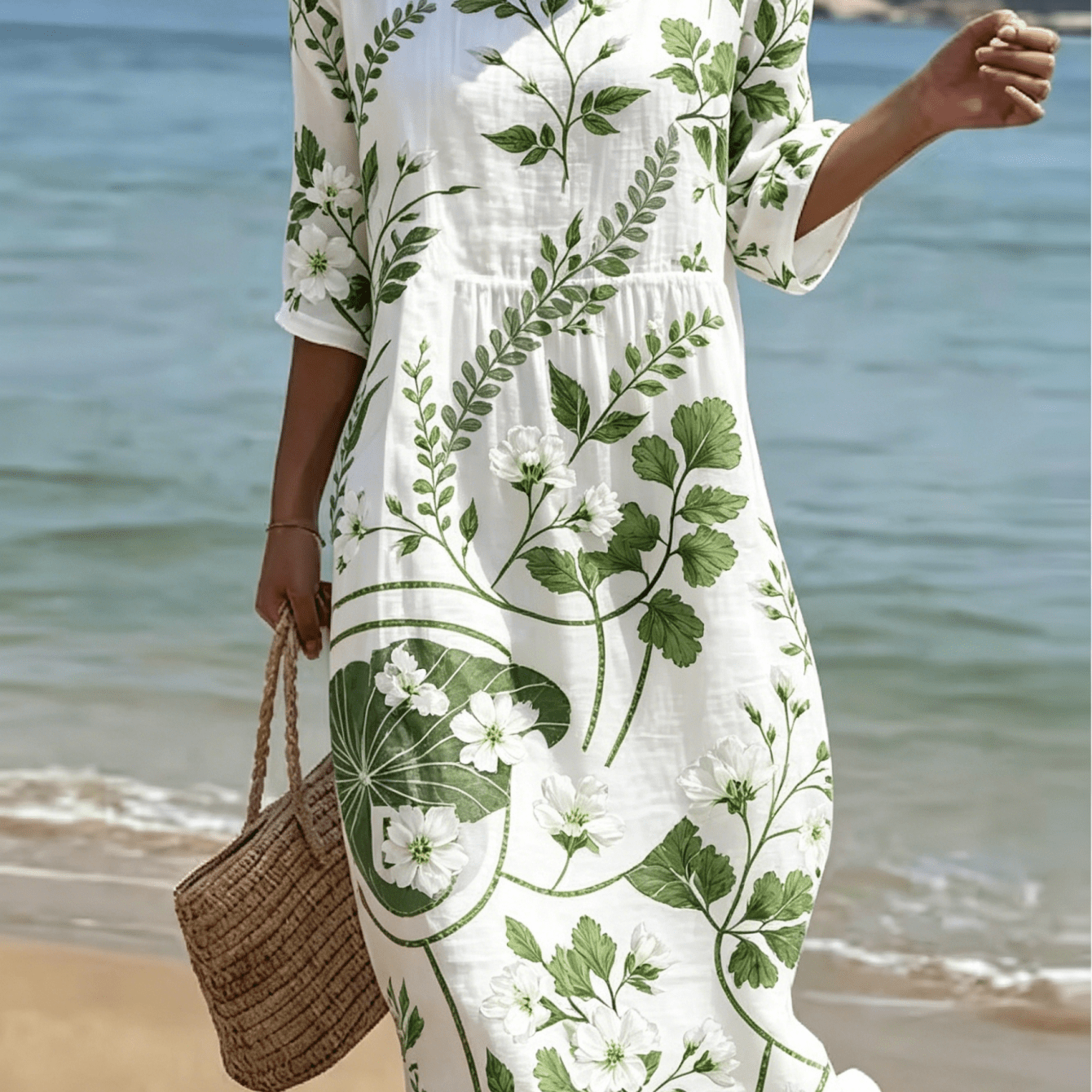 Image of Green Floral Leaf Printed Women Casual Midi Dress, Half Sleeve Round Neck Waist Gathering Loose Beach Dress, Soft Breathable Lightweight Boho Sundress