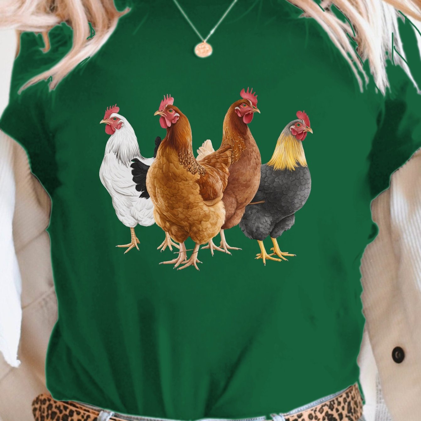 TEMU A Casual Short-sleeve Crew Neck Top Featuring 4 Designed Chickens, Perfect For Summer And Spring, Aimed At Women's Fashion