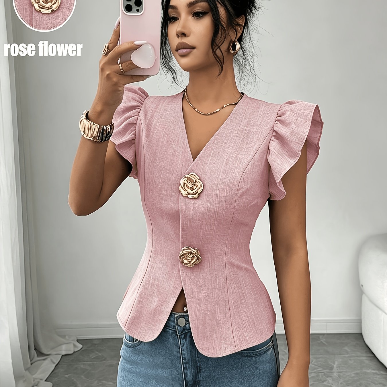 TEMU Women's Elegant Solid Metallic V-neck Puff Sleeve Blouse