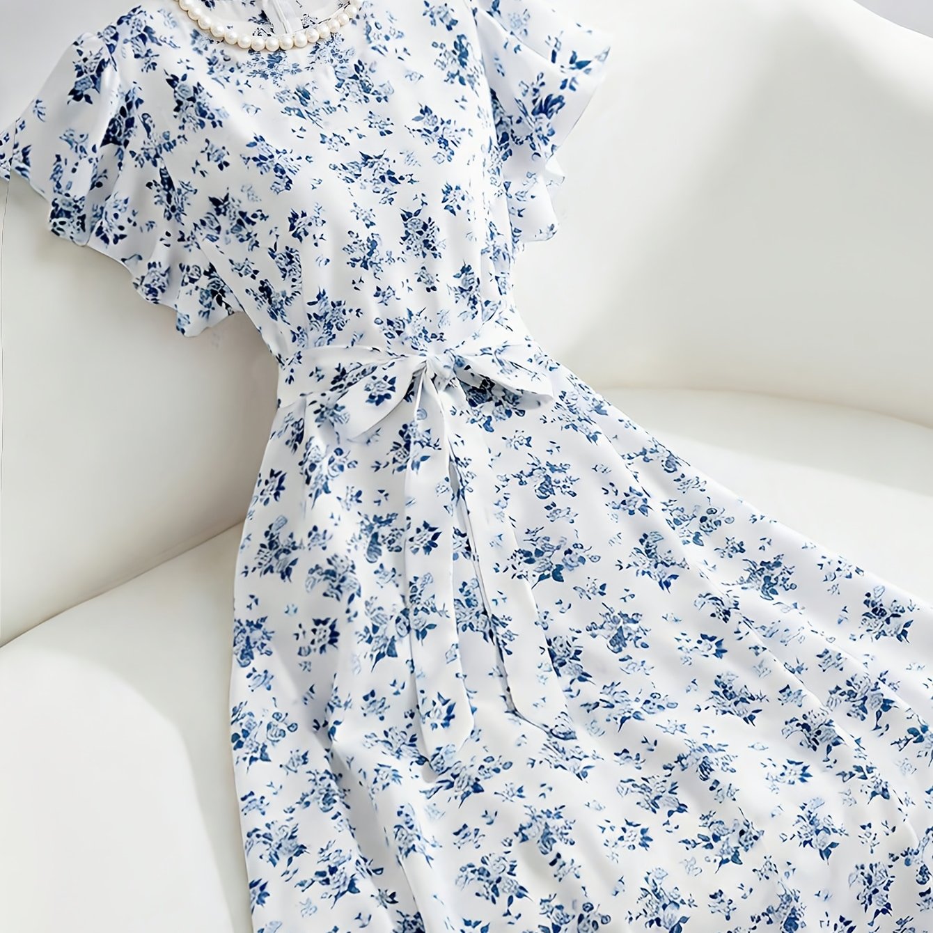 TEMU Women's Print Round Neck Waist-cinching A-line Skirt, Daily Elegant Commuter Fashion Dress, New Summer