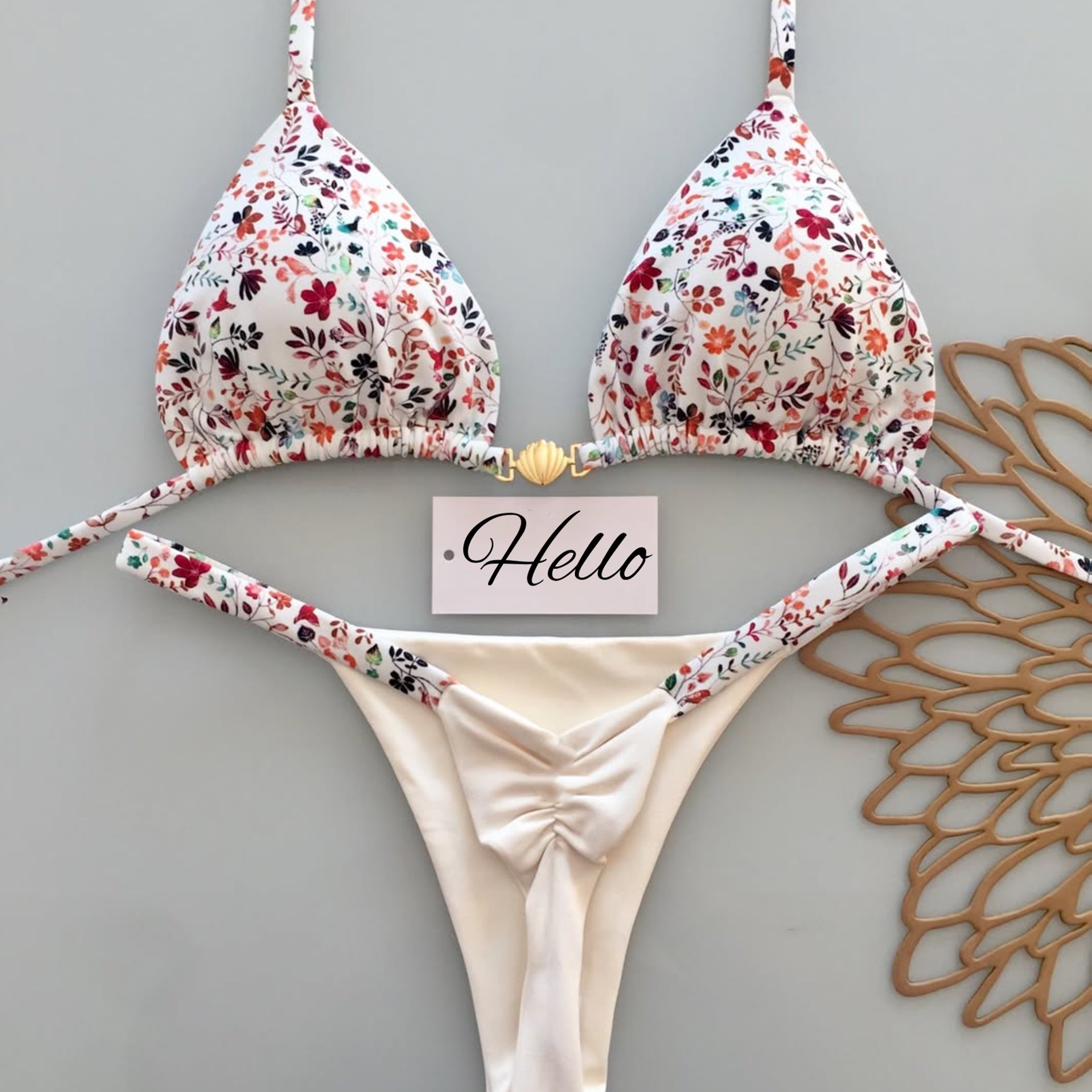 Image of Women's Set, Spring Summer 2pcs Sexy Bikini Swimwear Set, Floral Lace Backless Triangle Top And Bottom, Suitable For Summer Beach Vacation, Sand And Pool