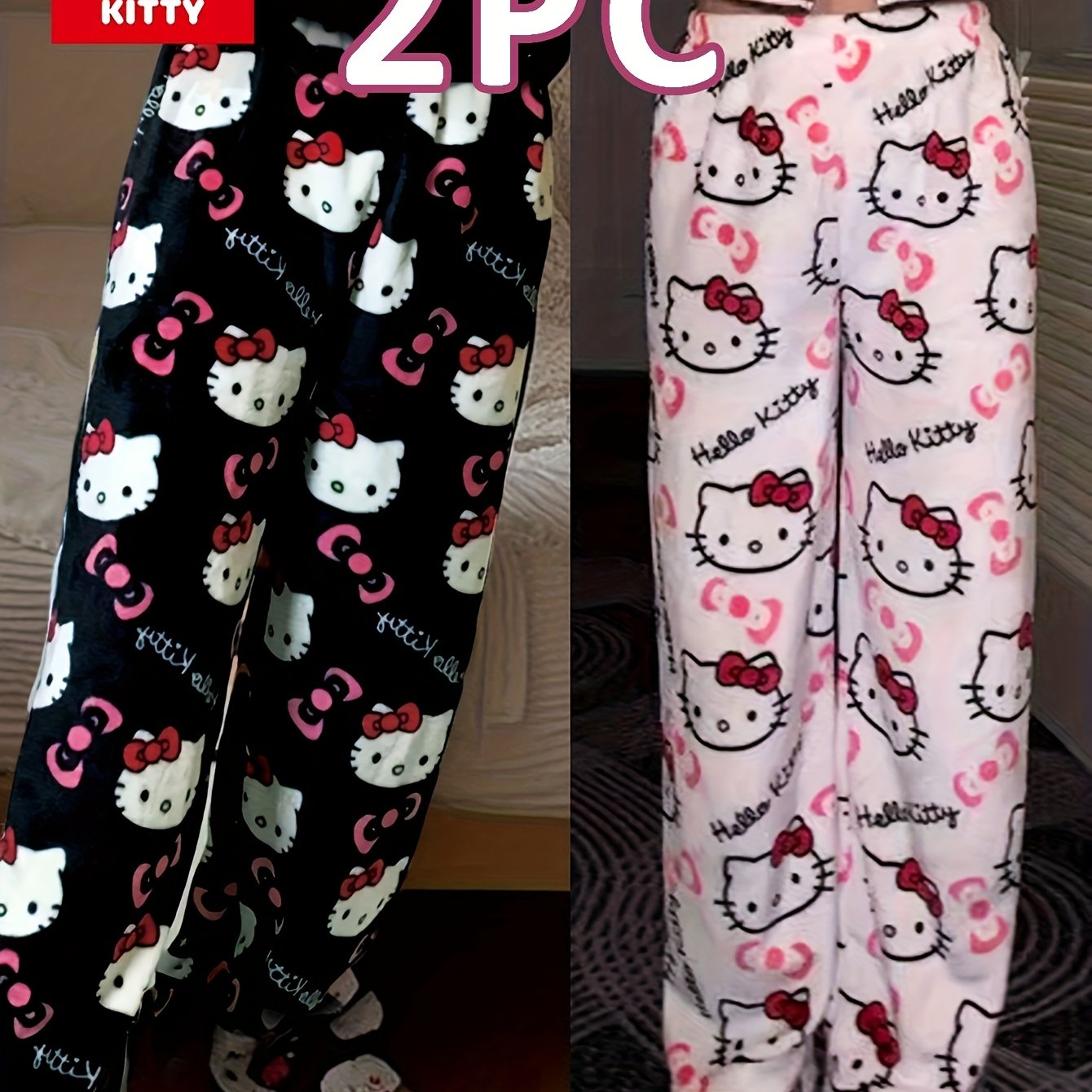 Image of Authorized Hello Kitty Set For Women, Featuring 2 Pieces Of Warm Flannel Loungewear Suitable For Autumn And Winter, With Wide-leg Long Pants That Worn . In Multiple Colors