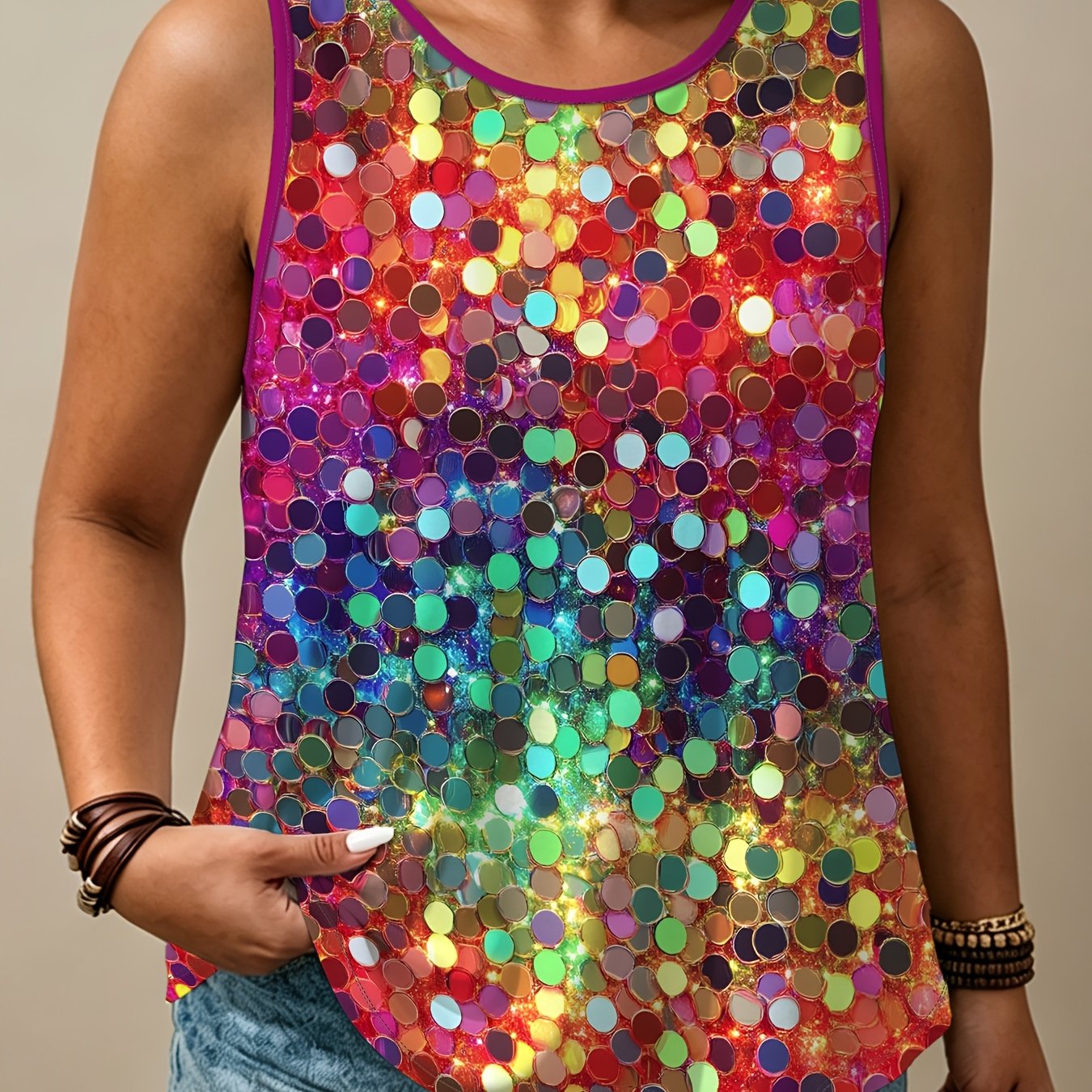 TEMU Iridescent Sequined Polka Dot Print Sleeveless Vest, Plus Size Women's Loose Top, Casual Outer Vest, Versatile Inner Layer Shirt