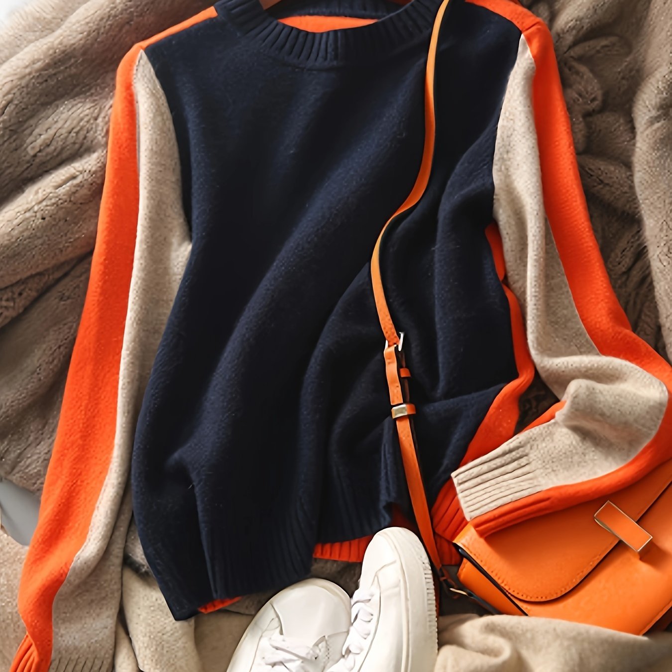 E-shop Frühling/Winter/Herbst Neuheit Einfacher Vielseitiger Lockerer Stilvoller Color-Block Pullover Strickoberteil für Damen
