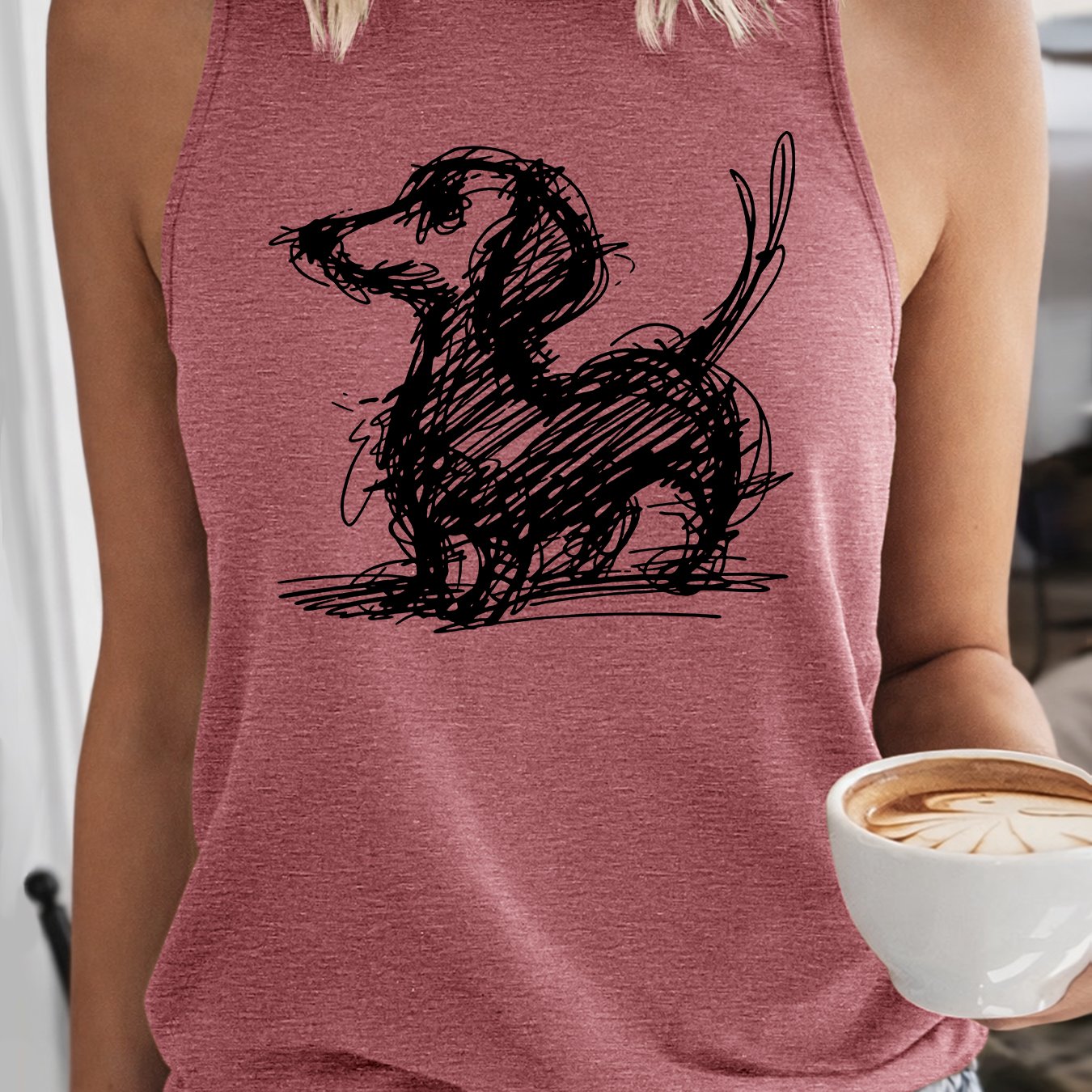 TEMU Women's Summer T-shirt | Dachshund Doodle Print Tank Top | Dark Sleeveless Top | Quirky Dachshund Design Athletic Tee | 2026 New Elegant Party
