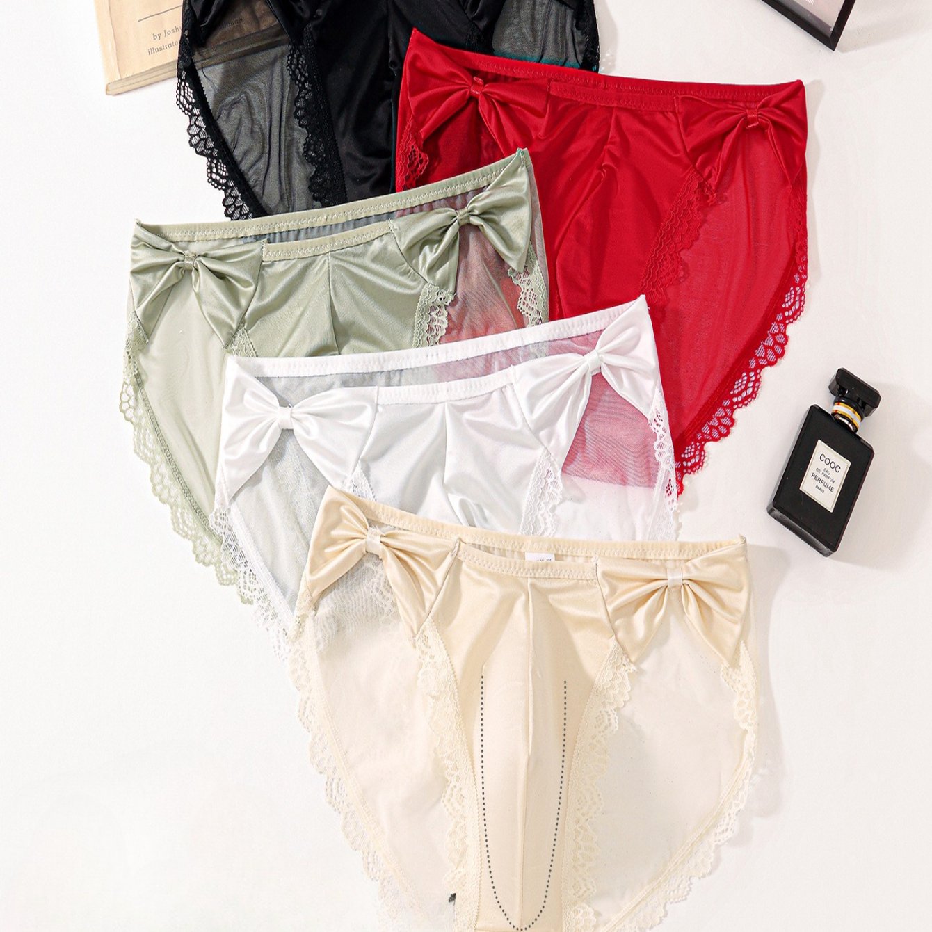 Image of 5pcs Men' Lace Brief Underwear With Bow Accent - Multi-tone Solid Color Triangle Briefs, Non- Suitable For Casual Daily Wear, Hand Washable Stylish Underpants For Everyday Use (no)