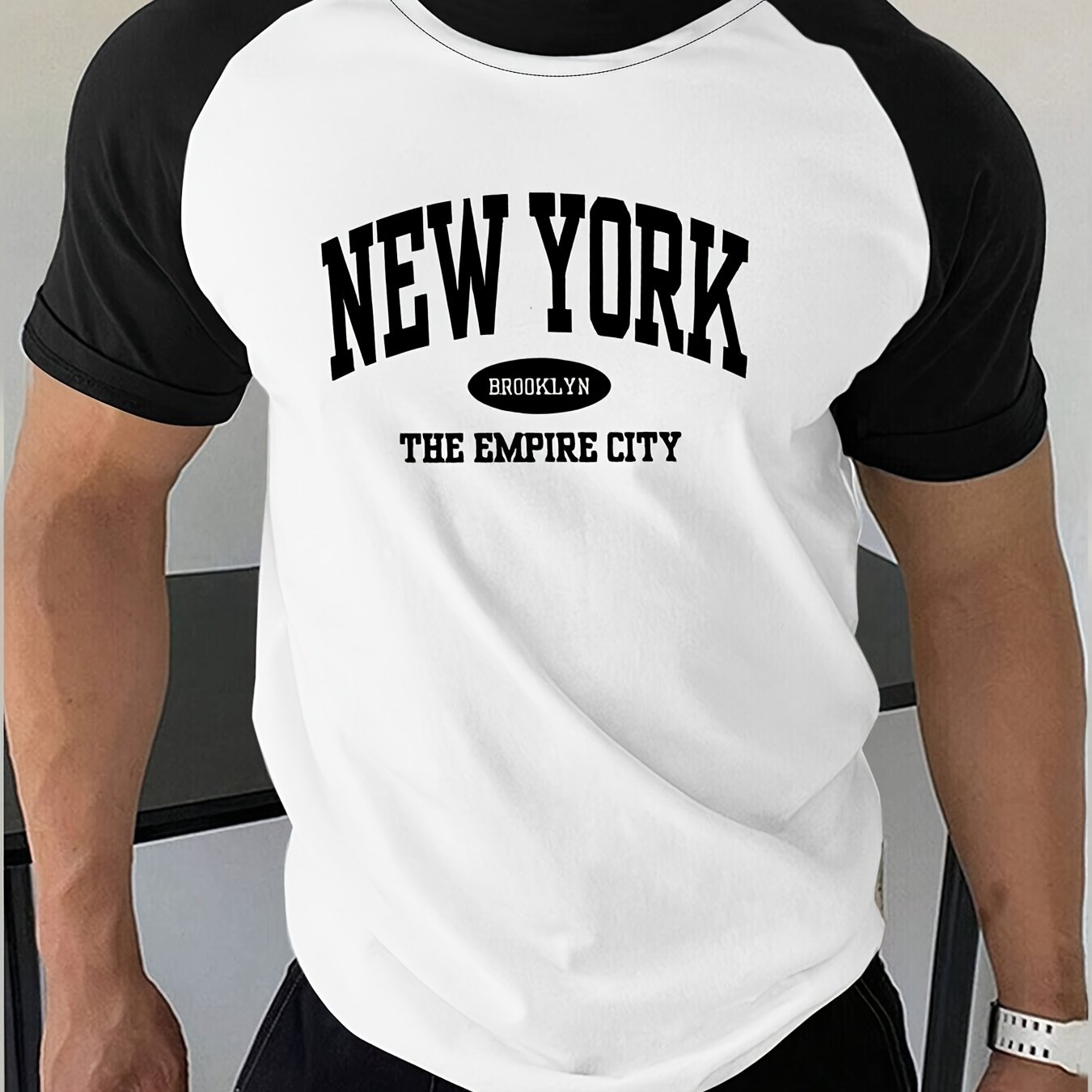 TEMU Men's Casual Short-sleeve T-shirt, Round Neck With Spliced Short Sleeves, Soft And Stylish For Casual Attire