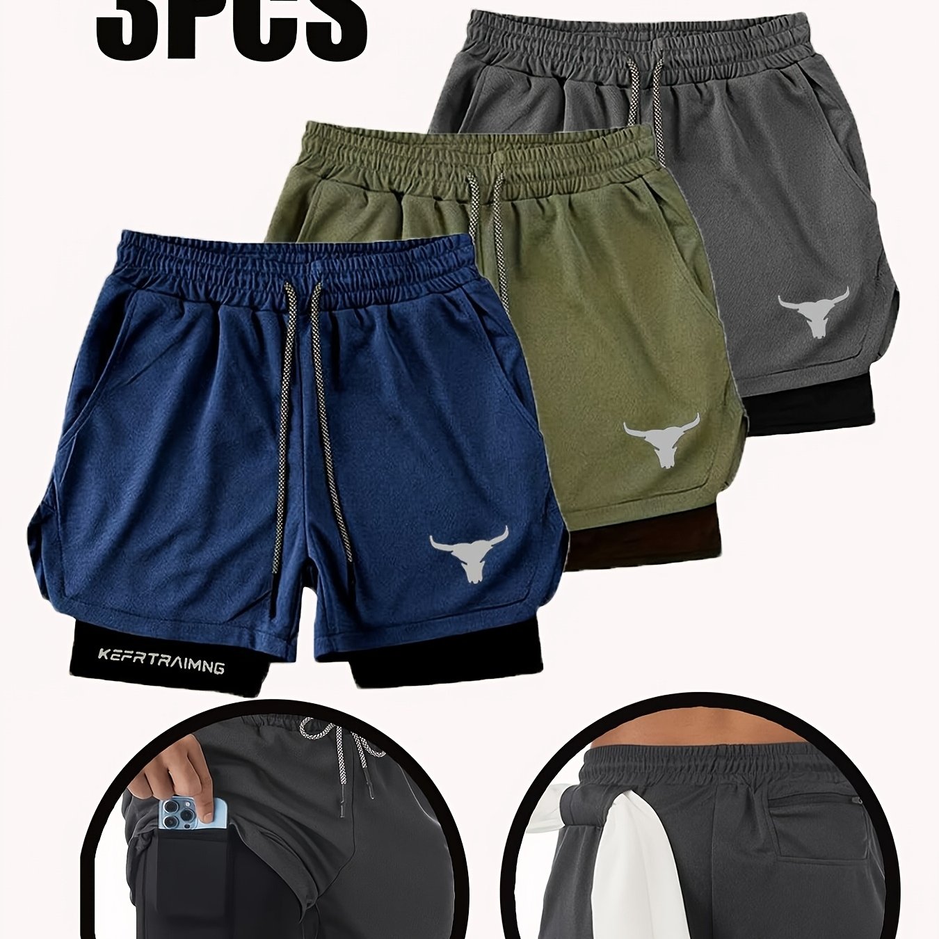 TEMU [shule Water Obm] Men's Summer Athletic Shorts 3pcs Set Breathable Double-layer Phone Pockets Running Sports Essential Quick-dry