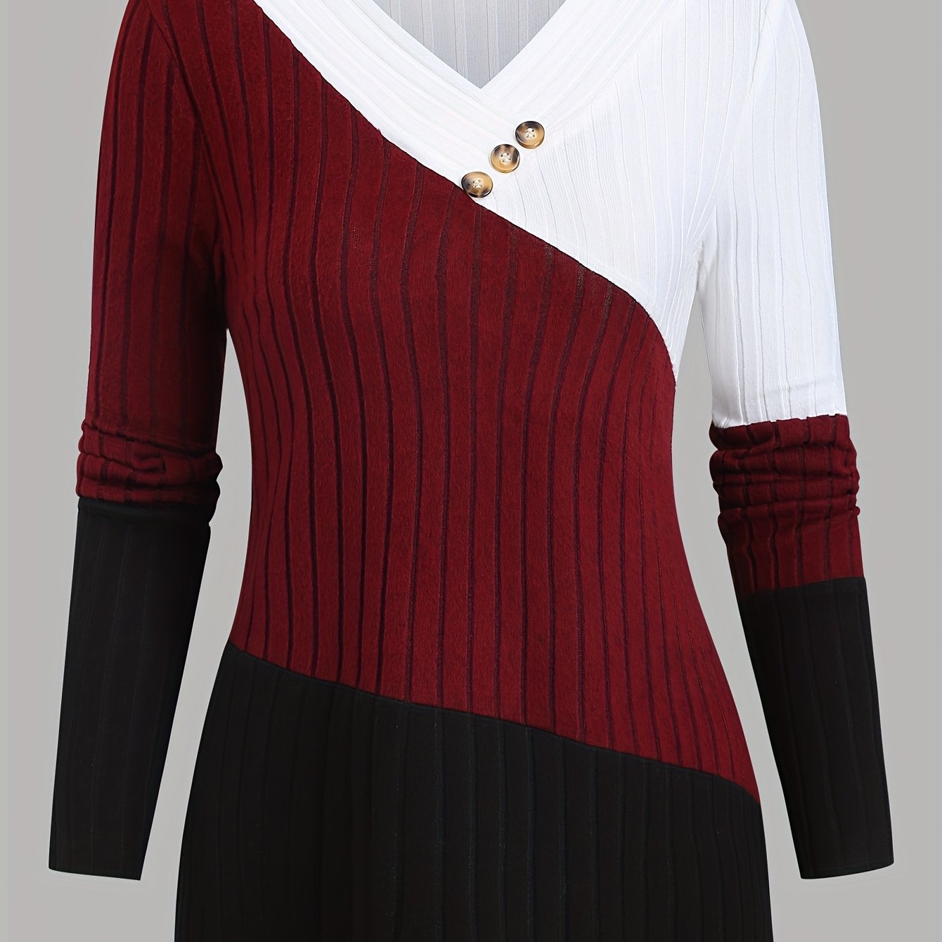 E-shop Damen Frühjahr/Herbst Rippenstruktur Color-Block V-Ausschnitt Langarm Pullover Casual Mode Locker Atmungsaktives Oberteil