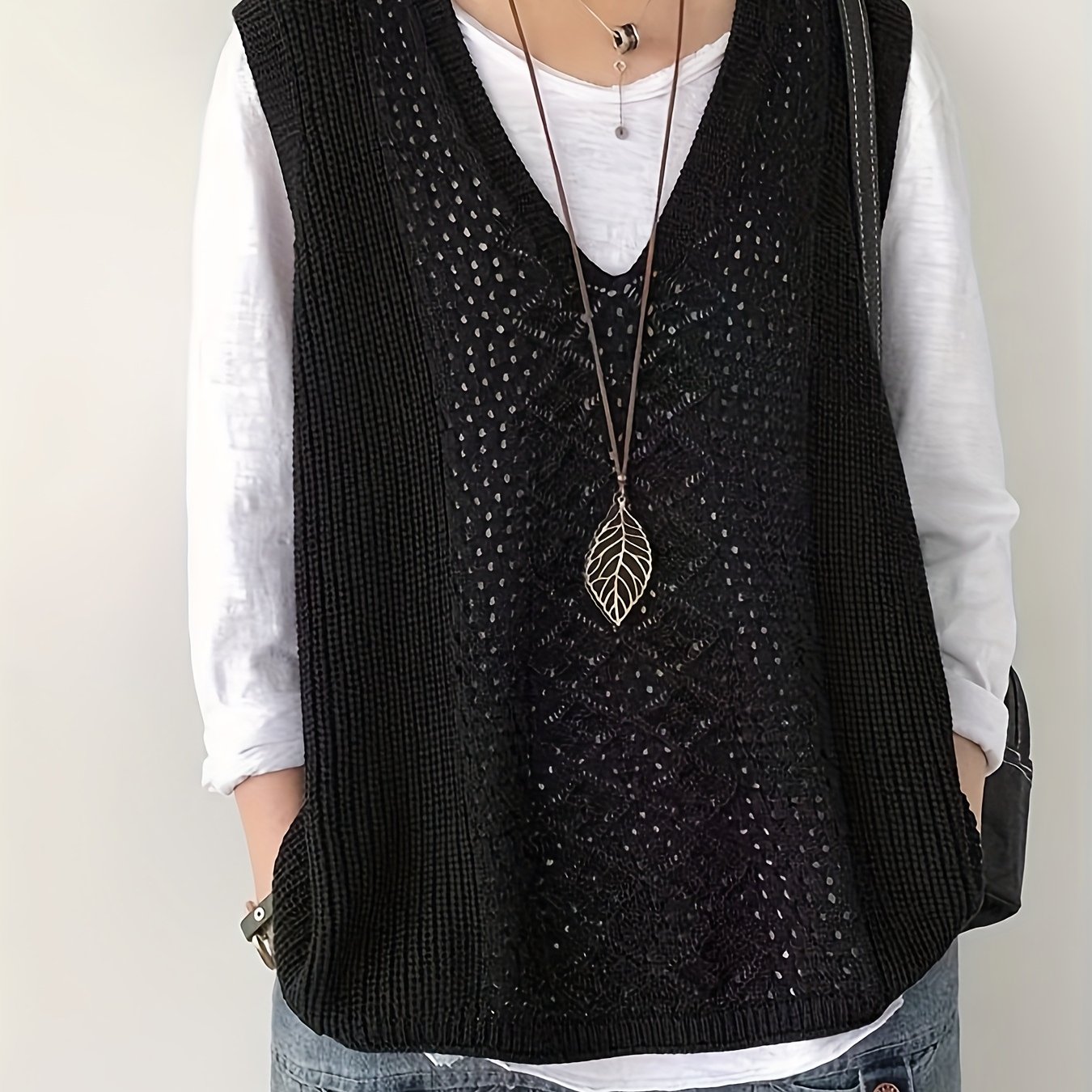 E-shop Geeignet für Ganzjahres-Armlochlose, lässige Stoffoberteile, Oversized-Pulloverweste im Vintage-Stil, V-Ausschnitt, Karo, modischer einfarbiger