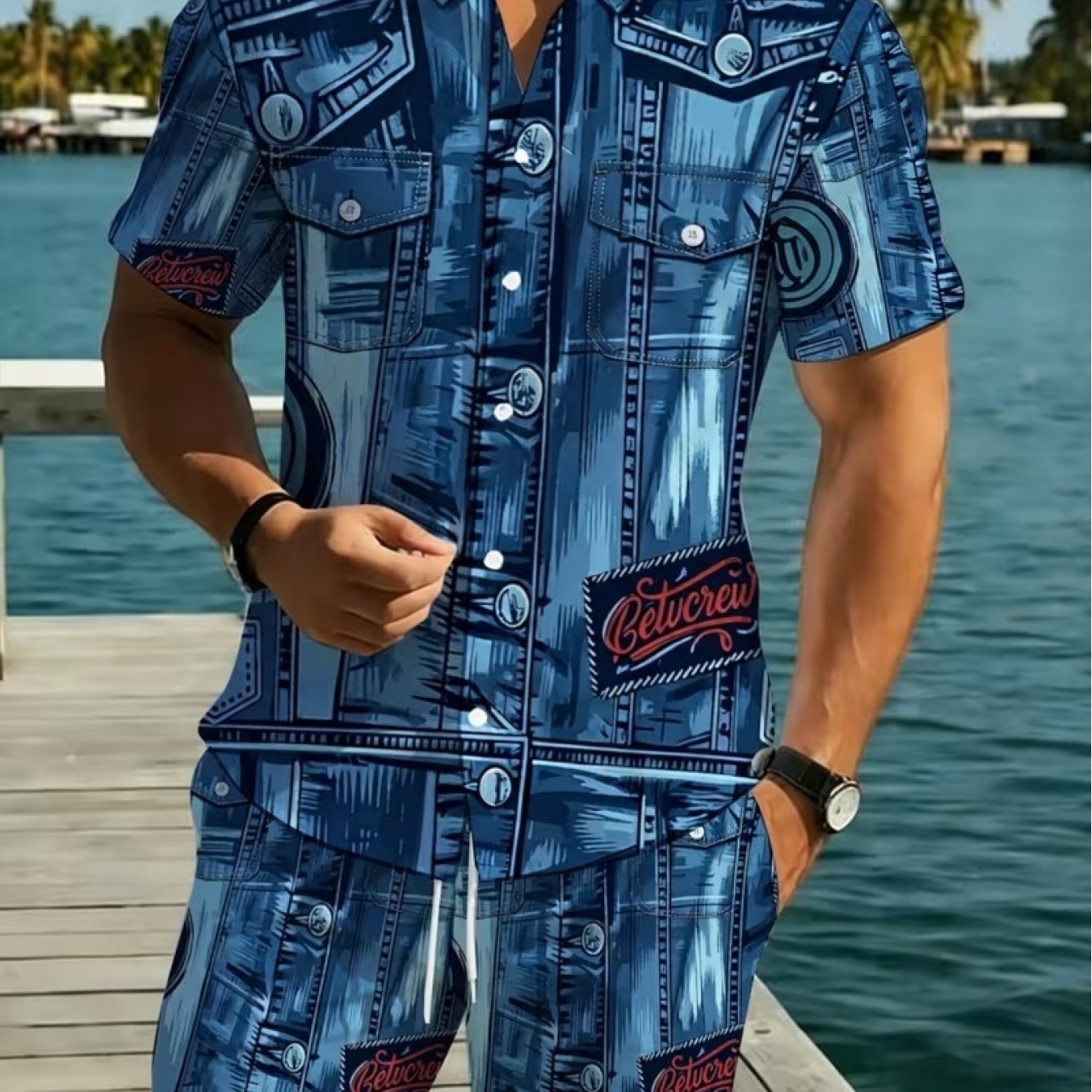 TEMU Denim Letter Print Lapel Short Sleeve Shirt And Shorts Men's 2pcs Set