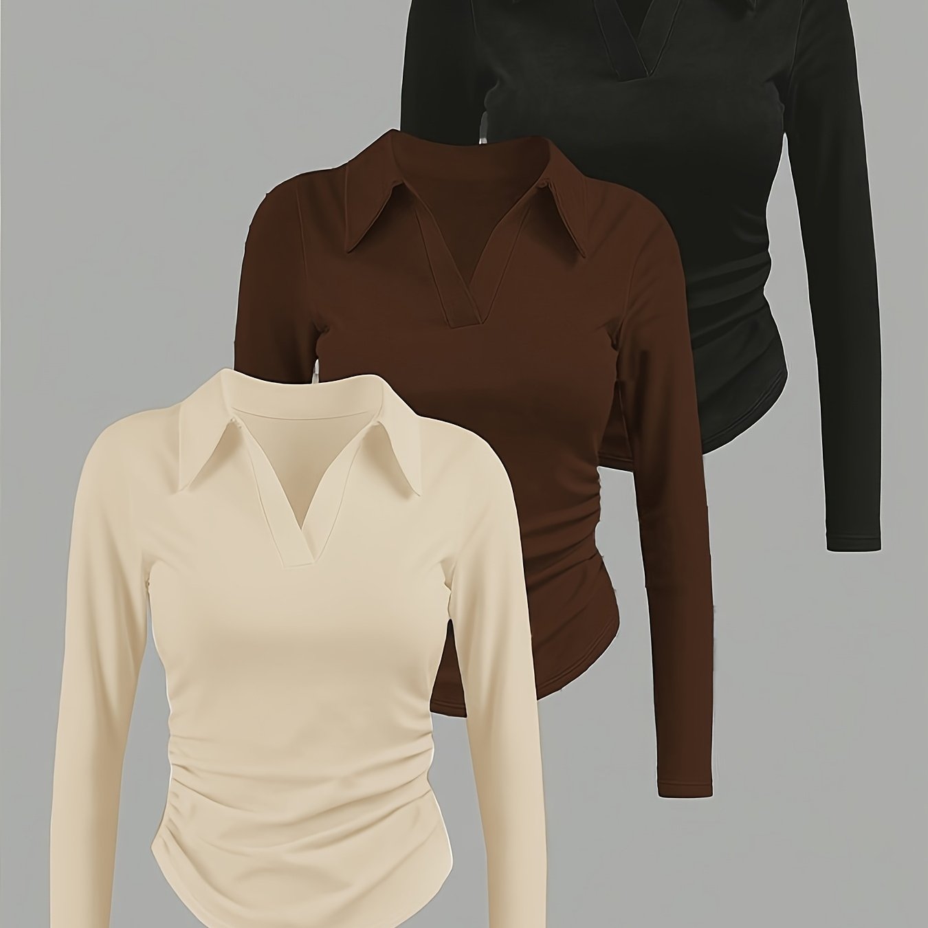 TEMU Ensemble de 3 t-shirts à manches longues et col polo pour femme, coupe ajustée avec design ceinturant la taille
