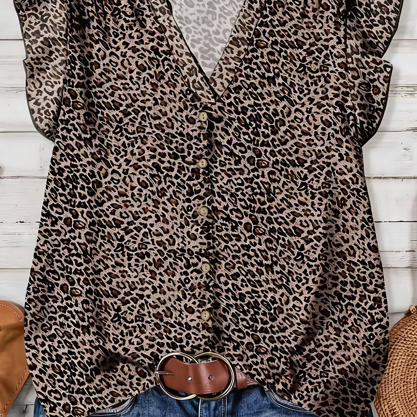 E-shop Plus Size - Plus Size - Plus Size Lässiges Leopardenmuster Hemd, Geeignet für Sommerkleidung, Damenmode Oberteil
