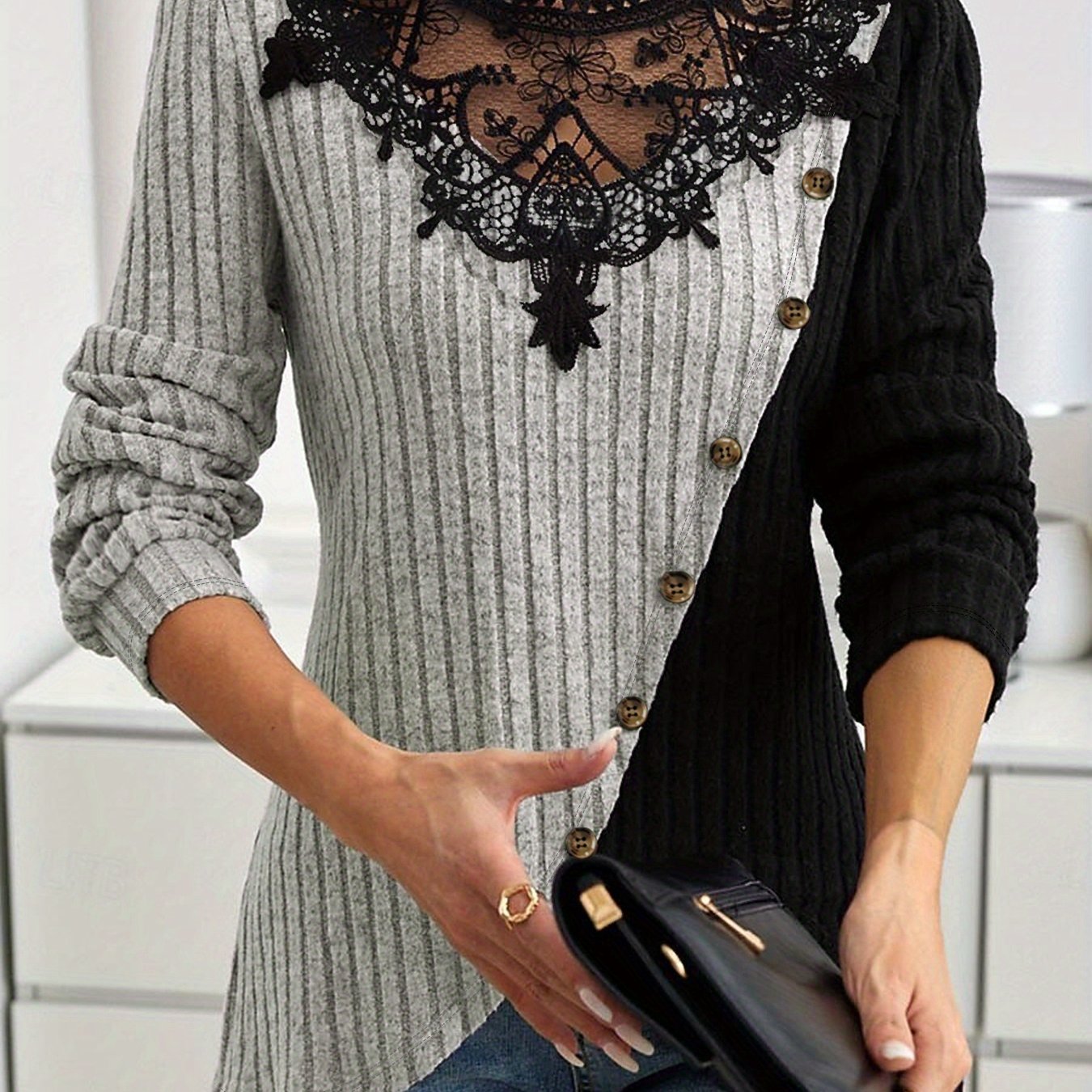Plus Size, Women's Plus-size T-shirt Texture Lace Splicing Long Sleeve Light Gray Spring And Autumn