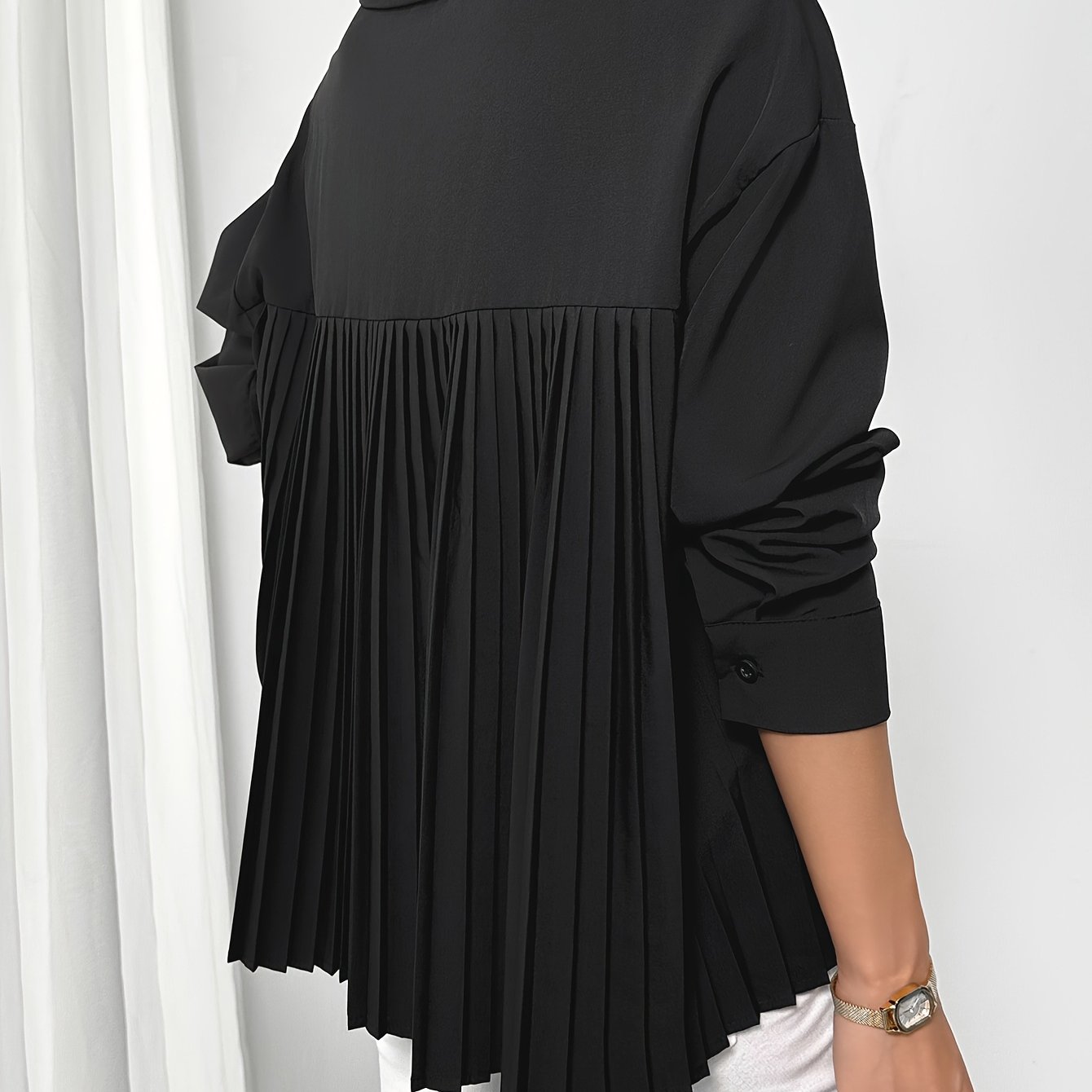 Fashion Pleated Long Sleeve Shirt, Button Detail - Casual Solid Color, Loose Fit, Women's Clothing