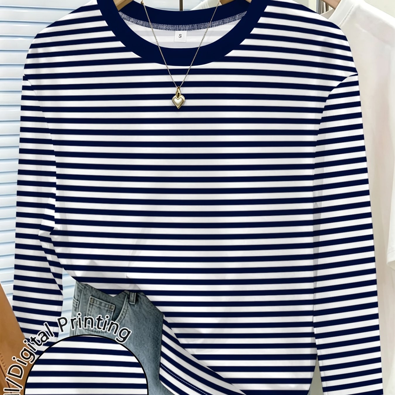 TEMU Women's Striped Printed Crew Neck Long Sleeve T Shirt Casual Summer Tops