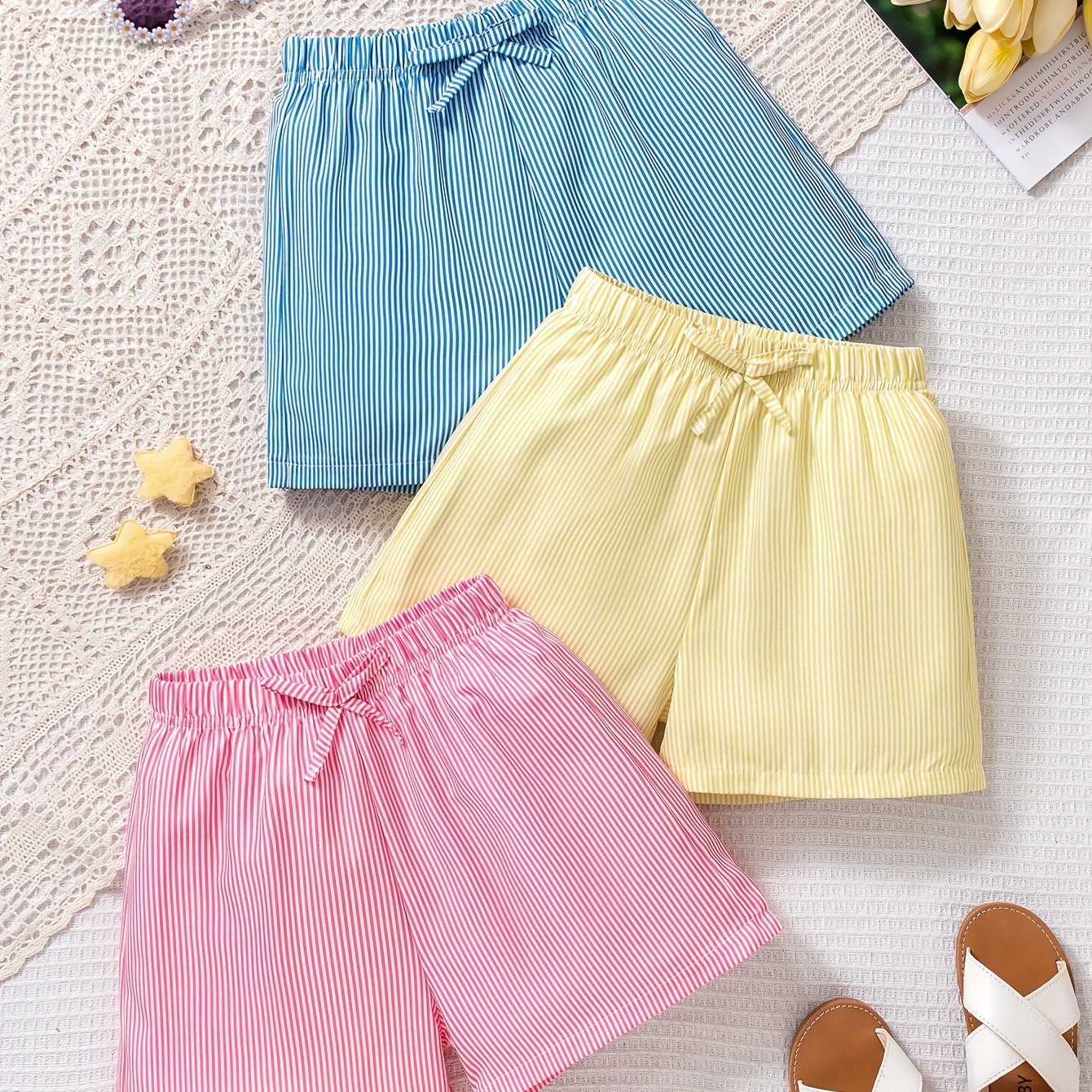 3pcs Girls' Elegant Striped Shorts, Comfortable Cool Shorts For Casual , Perfect For Outdoor