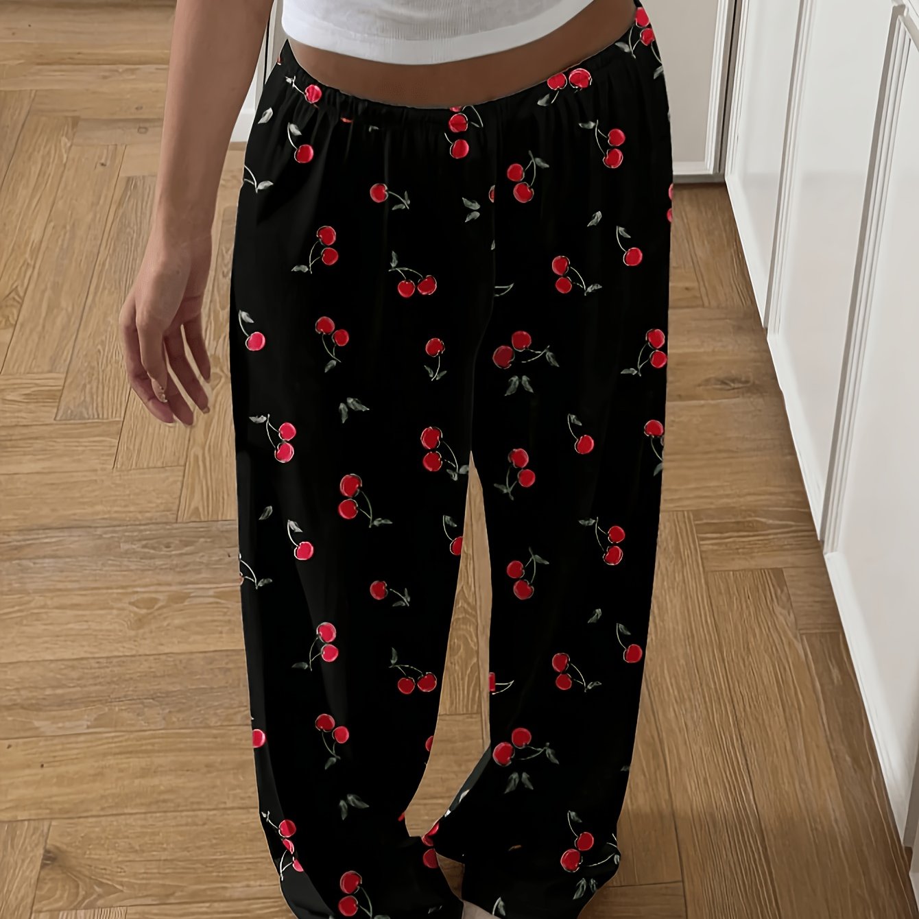 TEMU "26aw" Women's Pajamas 1pc, Casual Sleep Pants, Cherry-themed Pants, Comfortable For Home Use, Loose Comfortable Elastic Waistband Trousers,