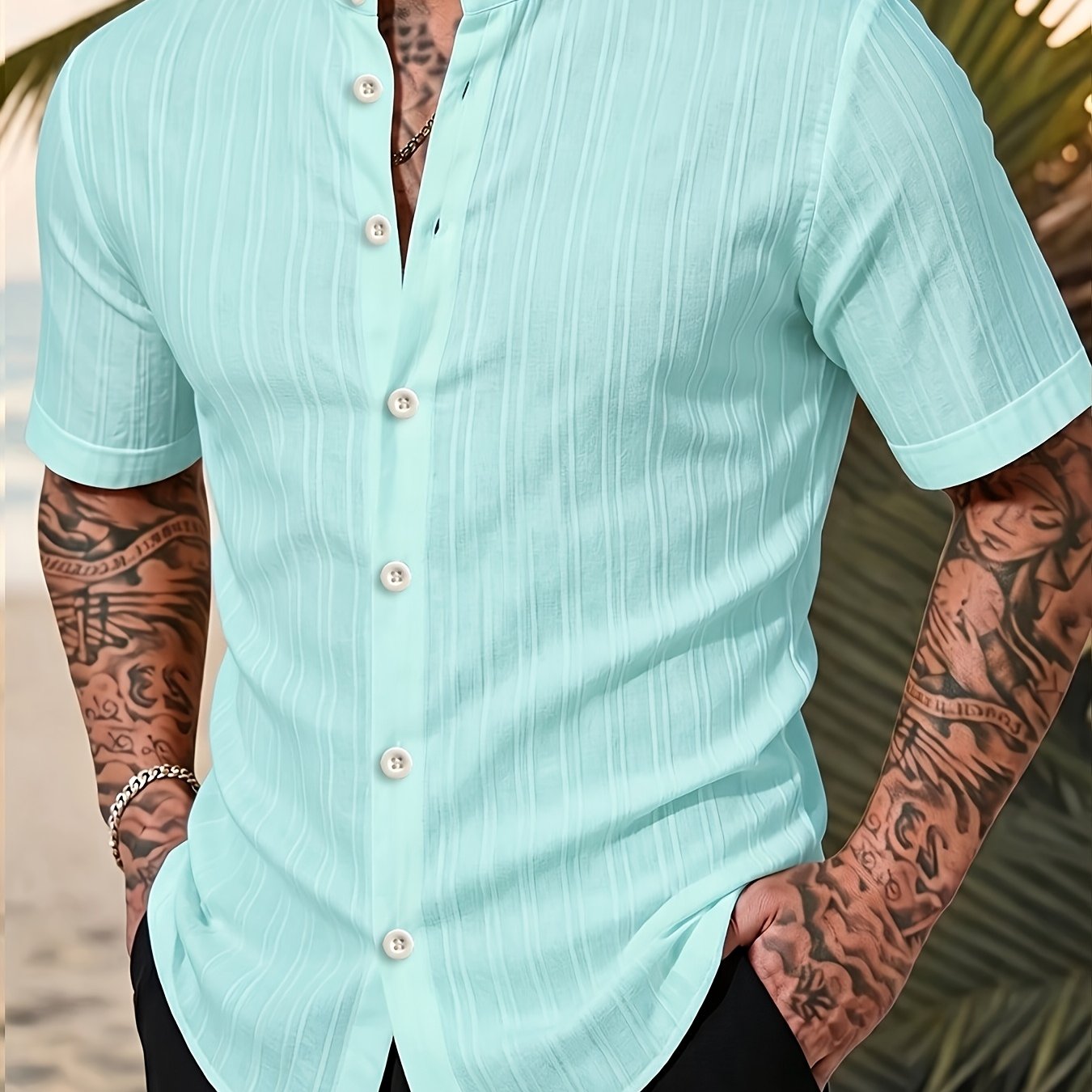 TEMU Obm Men's Summer Short Sleeve Shirt | Lightweight Breathable Solid Color Casual Shirt With Stand Collar And Vertical Stripes, Perfect For Beach